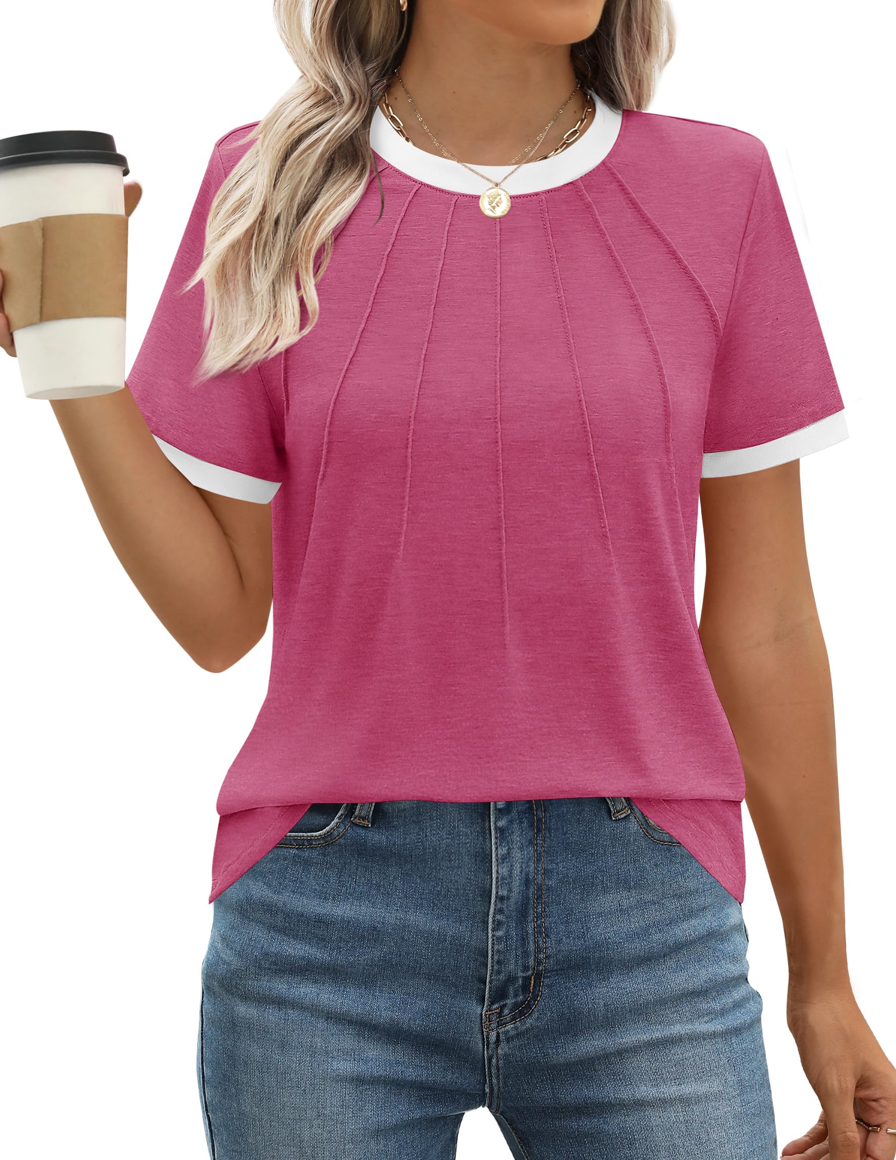 Luxuii WShort Sleeve Pleated Shirts Crewneck Color Block Tops