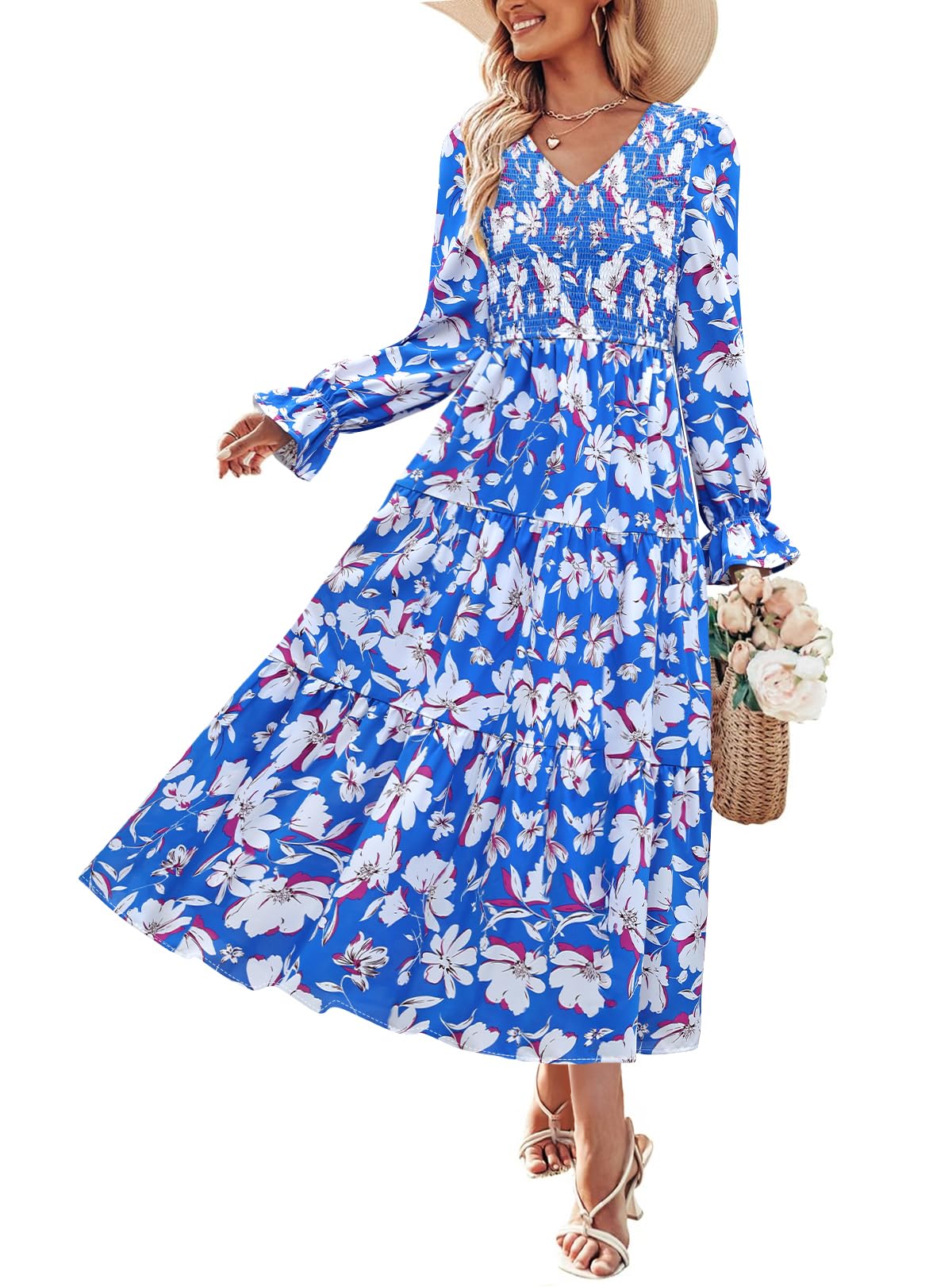 Luxuii Floral Boho V Neck A-Line Flowy Wedding Guest Dresses