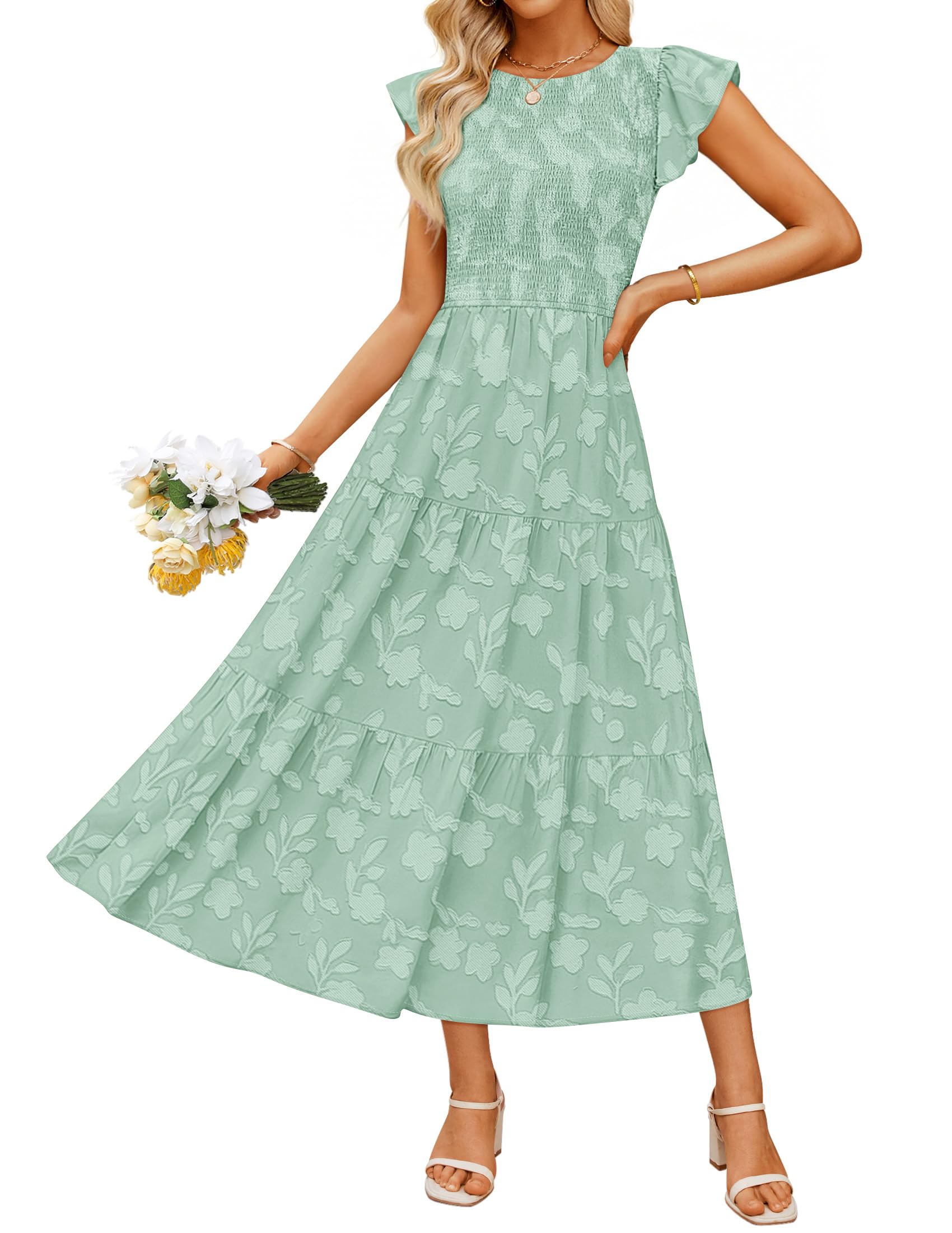Luxuii Boho Floral Casual Flutter Crewneck Smocked Flowy Beach Long Dresses