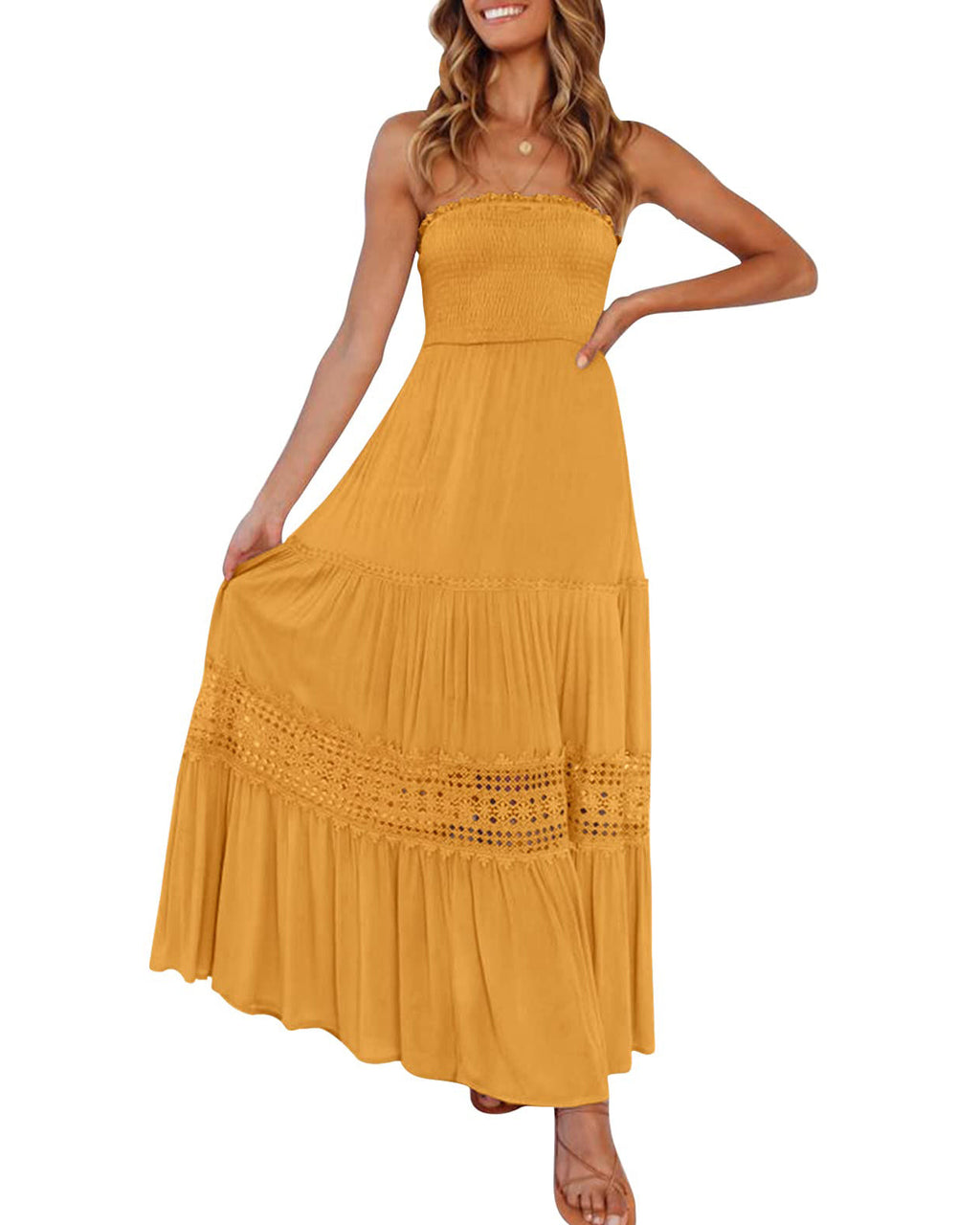 Luxuii Bohemian Strapless Lace Trim Backless Maxi Dress