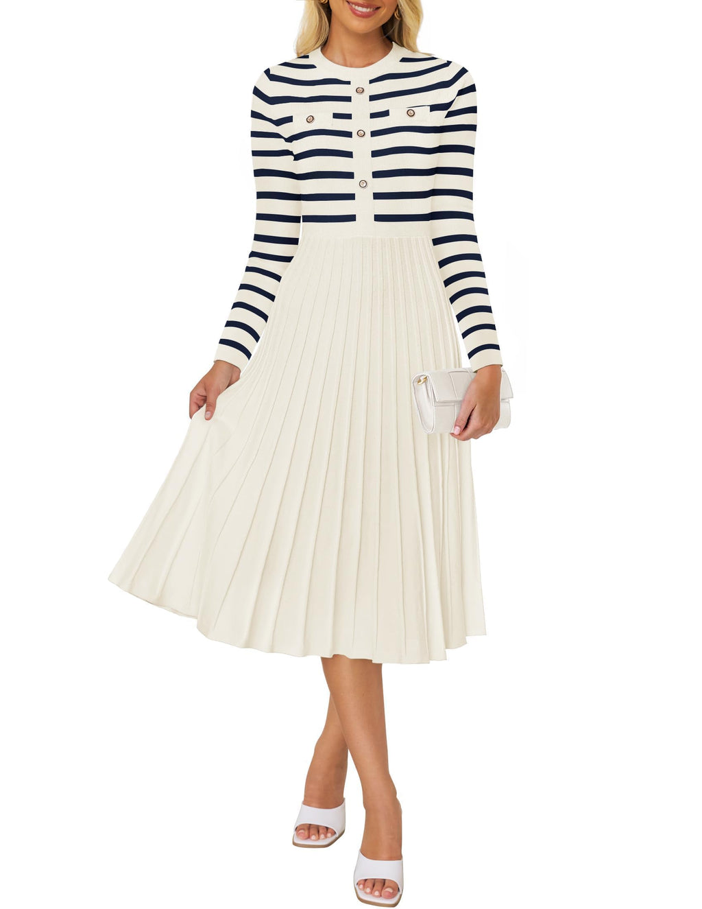 Luxuii Striped Crewneck Button Ribbed Knit Sweater Dress