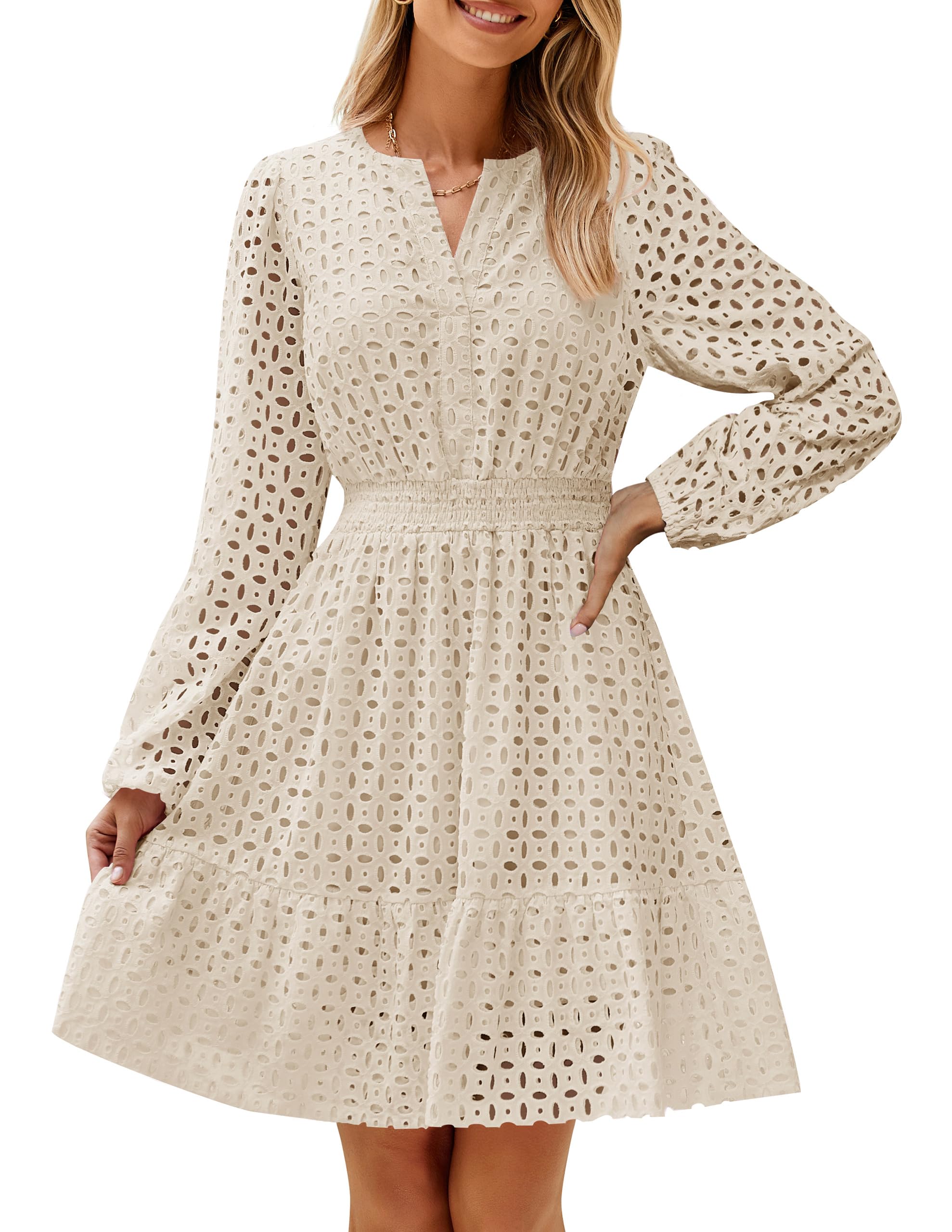 Luxuii V Neck Hollow Out Eyelet Embroidery Ruffle Short Dresses