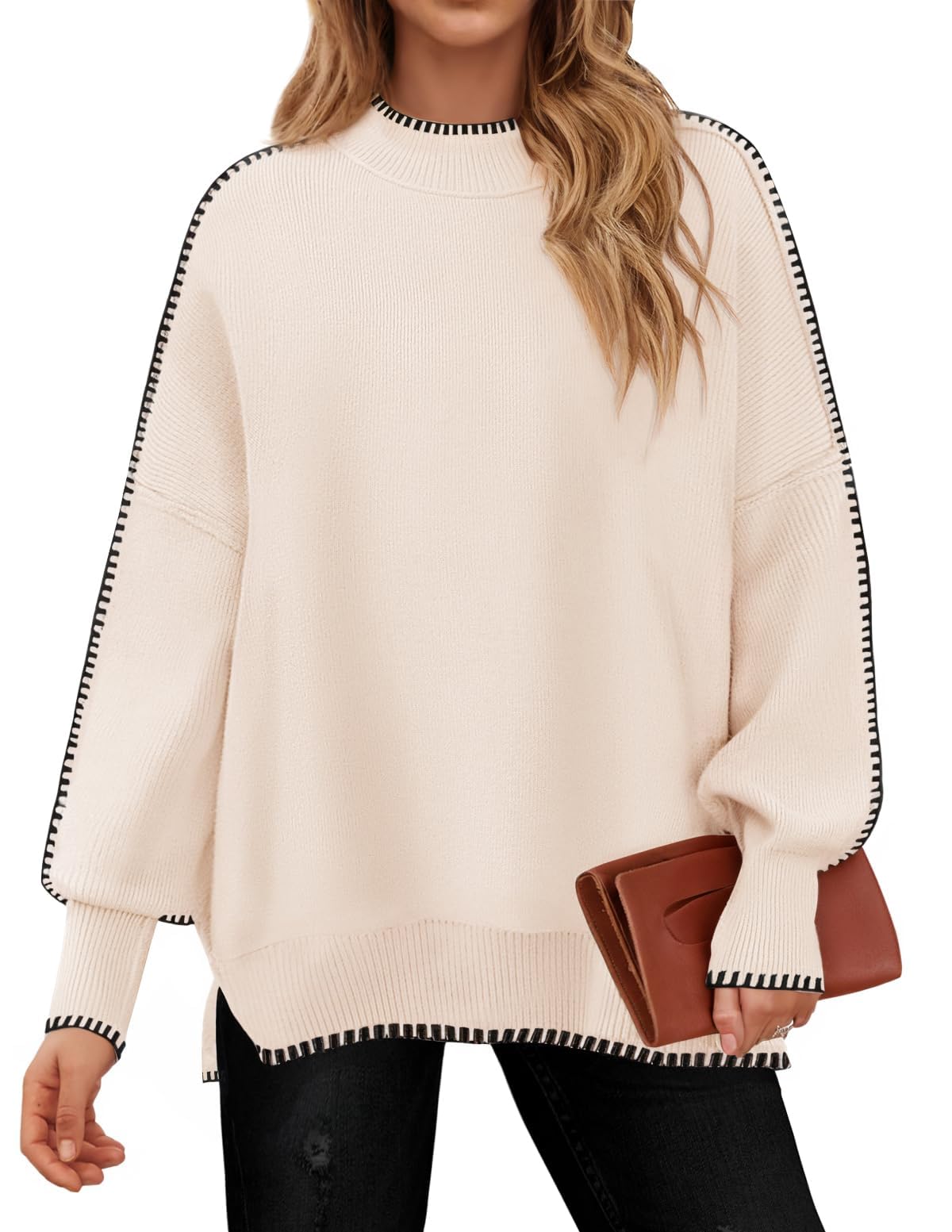 Luxuii  Striped Sweaters Mock Neck Comfy Knit Pullover Tops