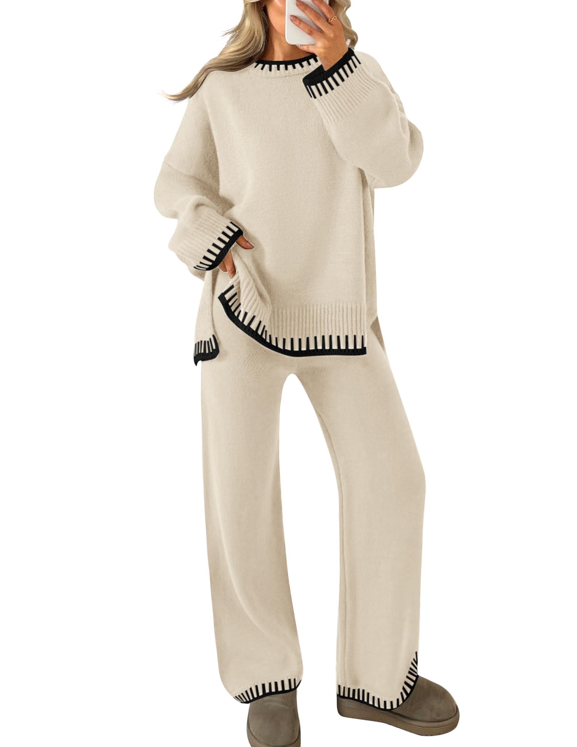 Luxuii Long Sleeve Pullover Tops Wide Leg Pants Lounge Set
