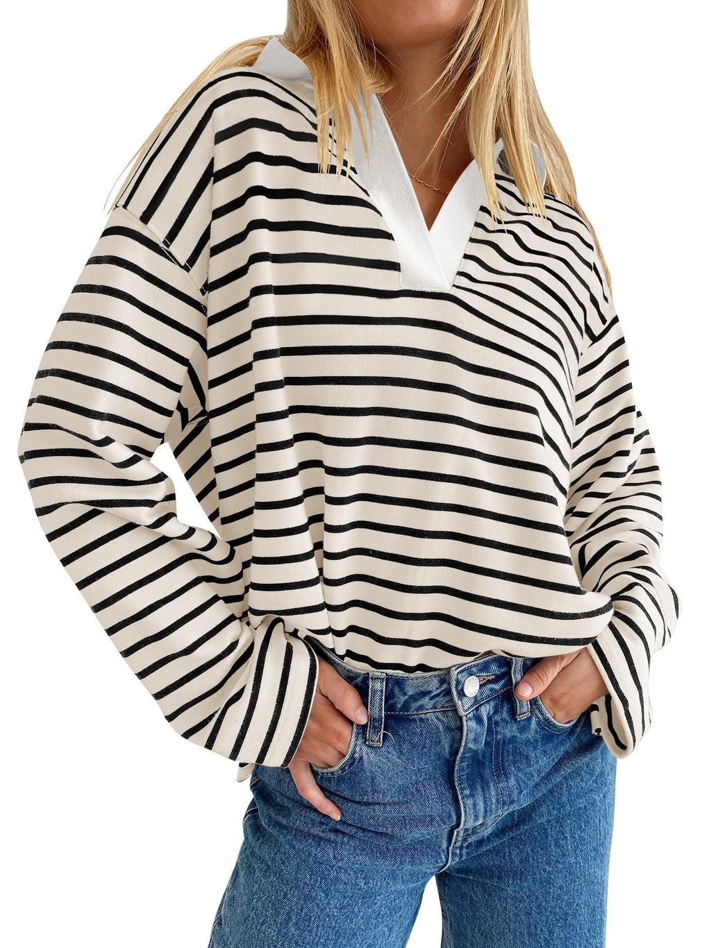 Luxuii Striped V Neck Oversized Sweatshirt Loose Fit Tunic Tops