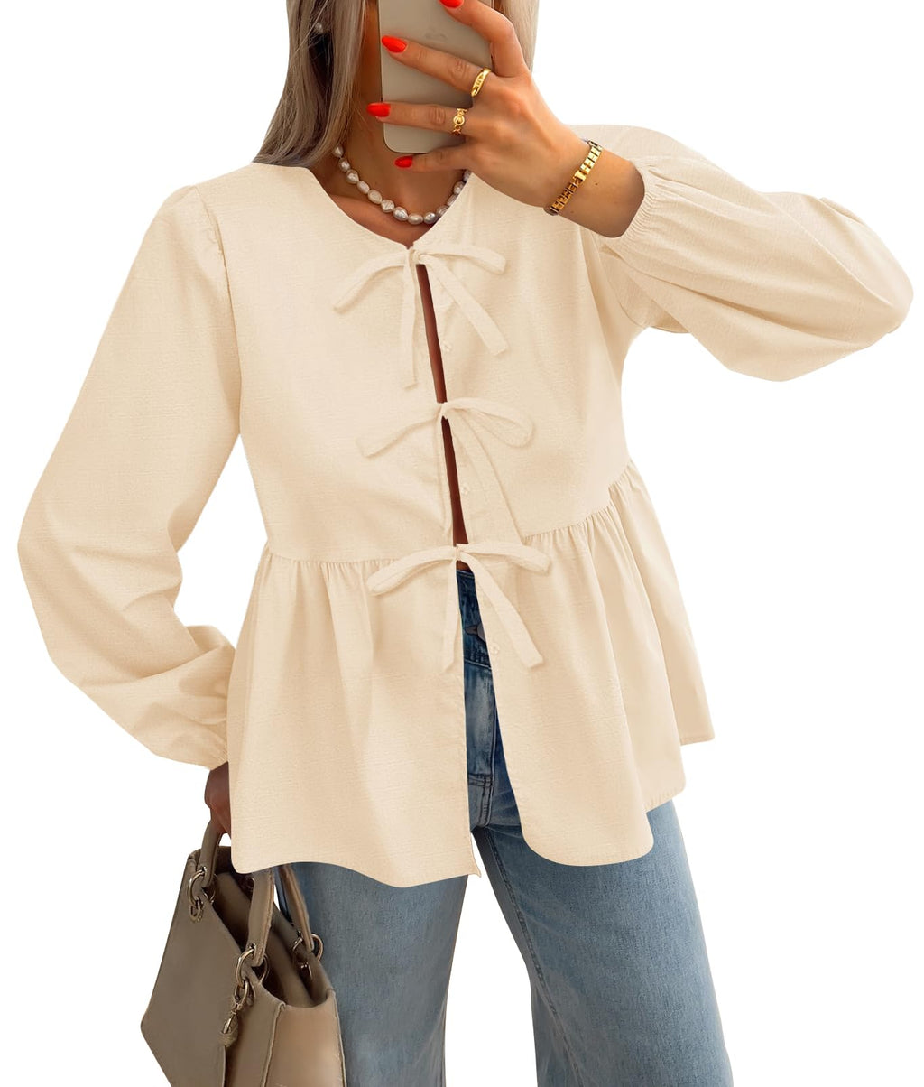 Luxuii Womens Tops Tie Front Long Puff Sleeve Button Peplum Babydoll Cute Shirts