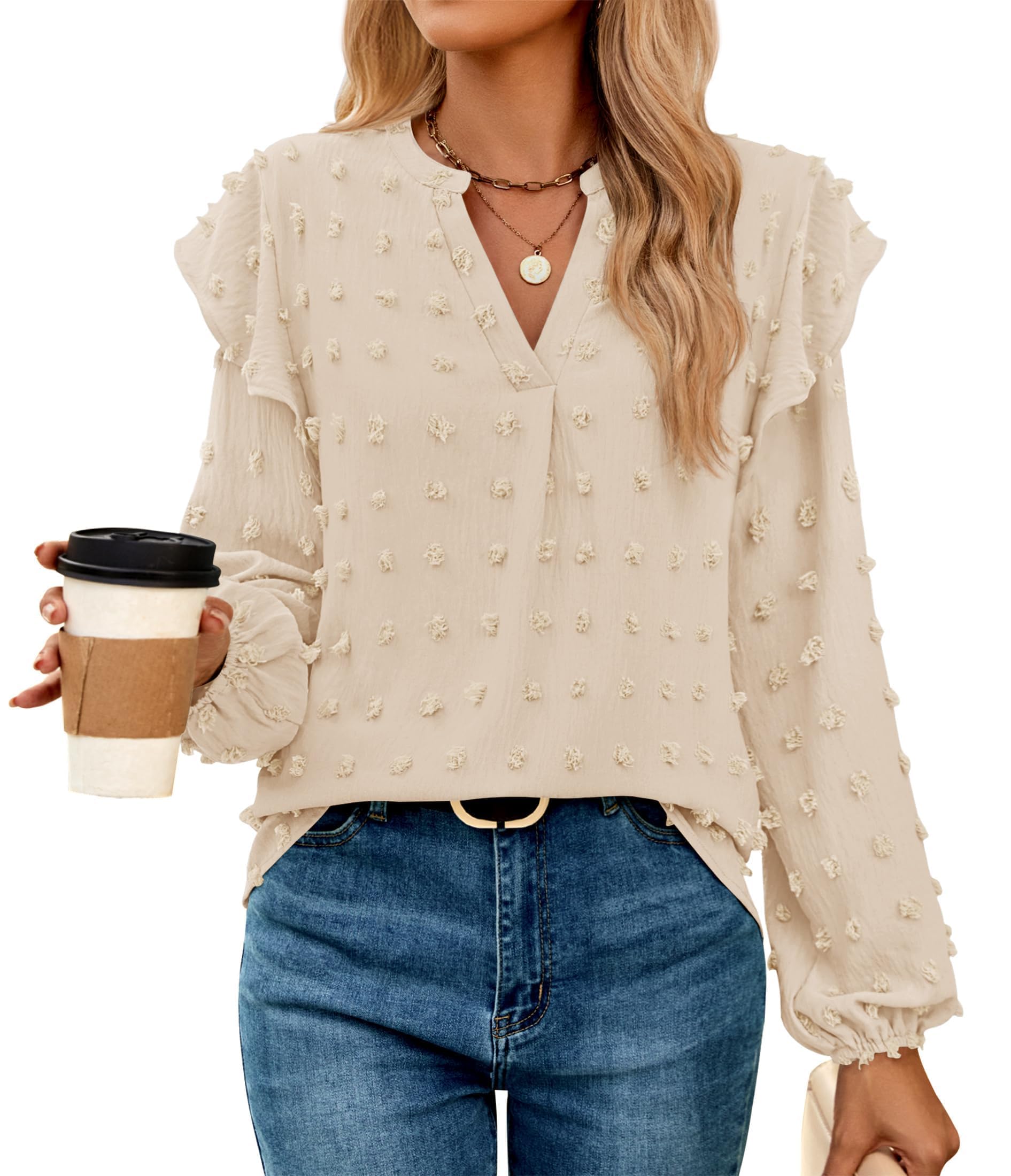 Luxuii  Chiffon Blouses V Neck Swiss Dot Casual Tunic Tops