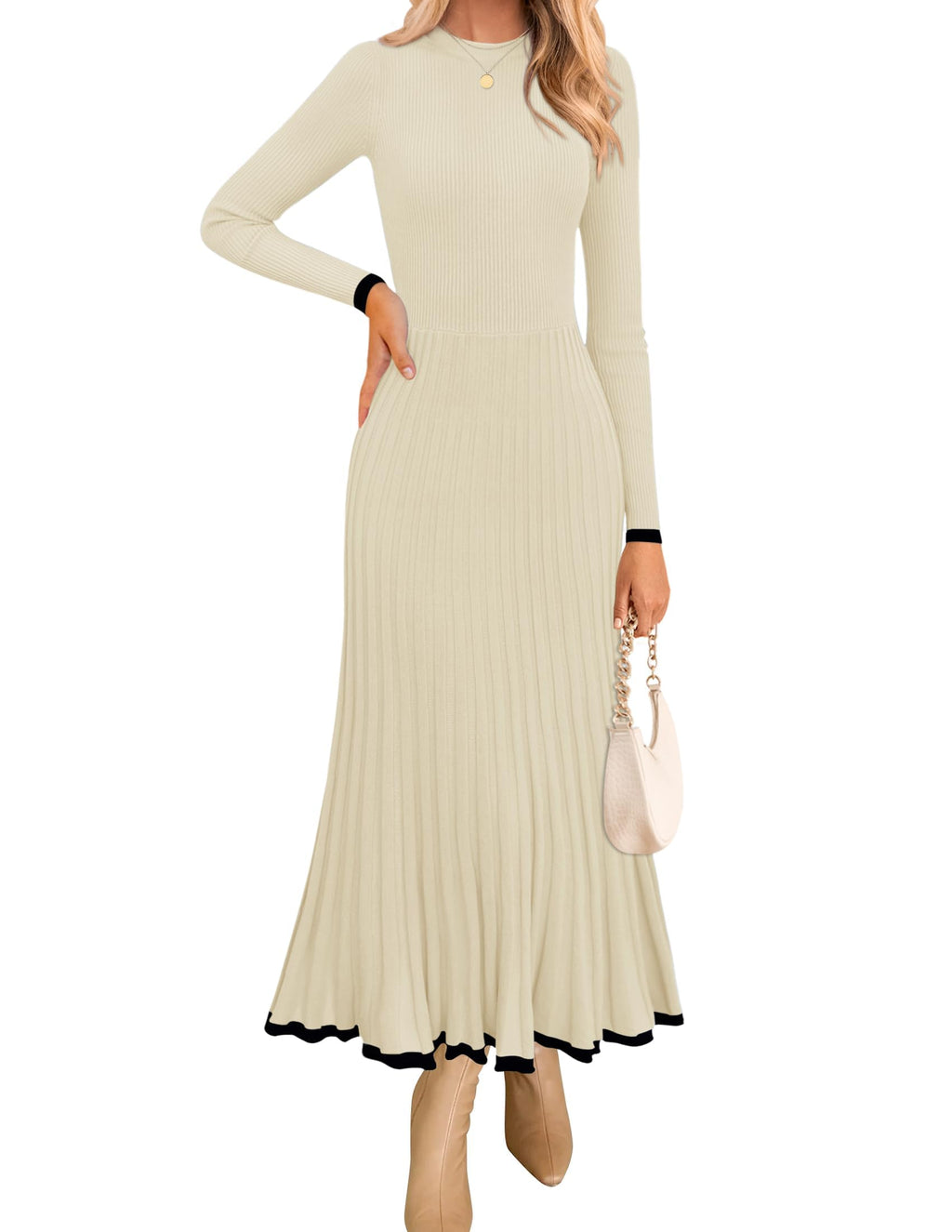 Luxuii Crewneck Ribbed Knit Pleated A-Line Wedding Dresses