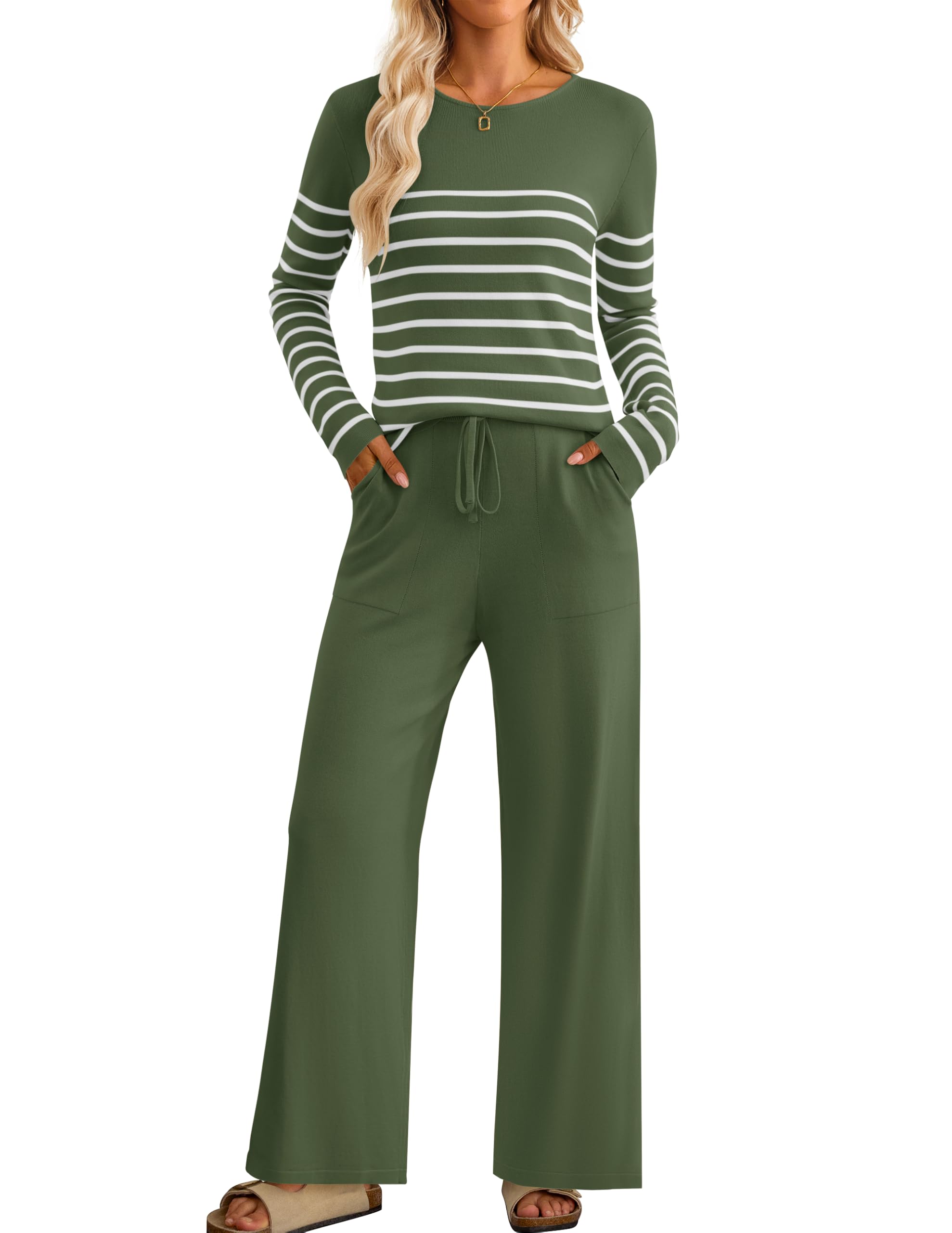 Luxuii Striped Knit Fitted Tops Wide Leg Pants Pajama Sets