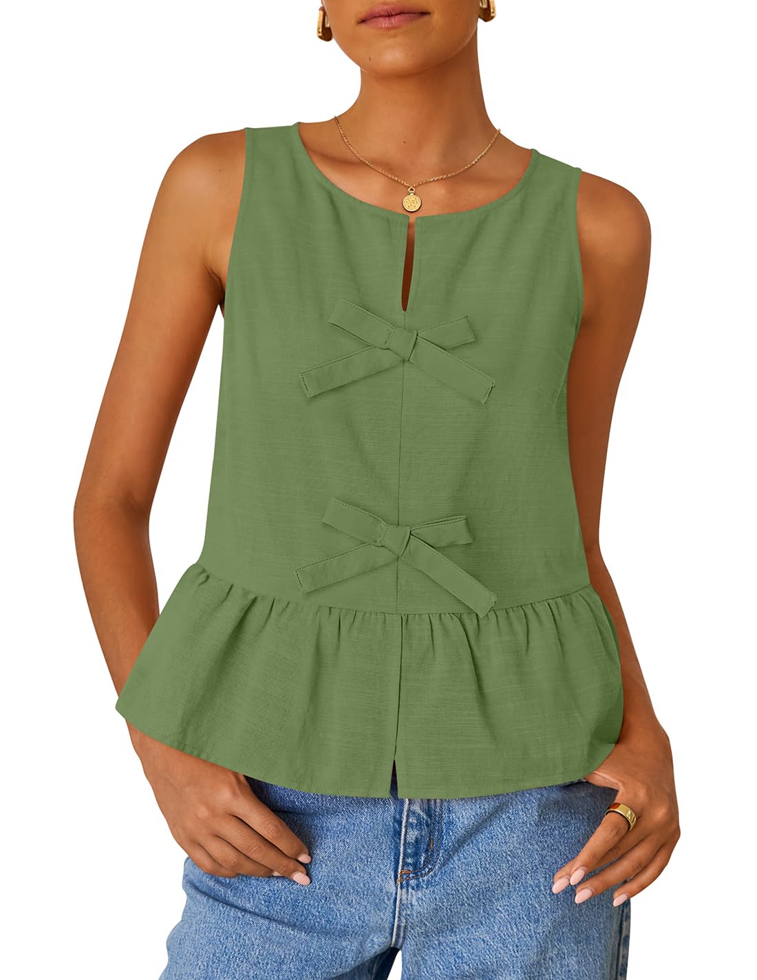 Luxuii Tank Tops Tie Front Ruffle Peplum Babydoll Blouses