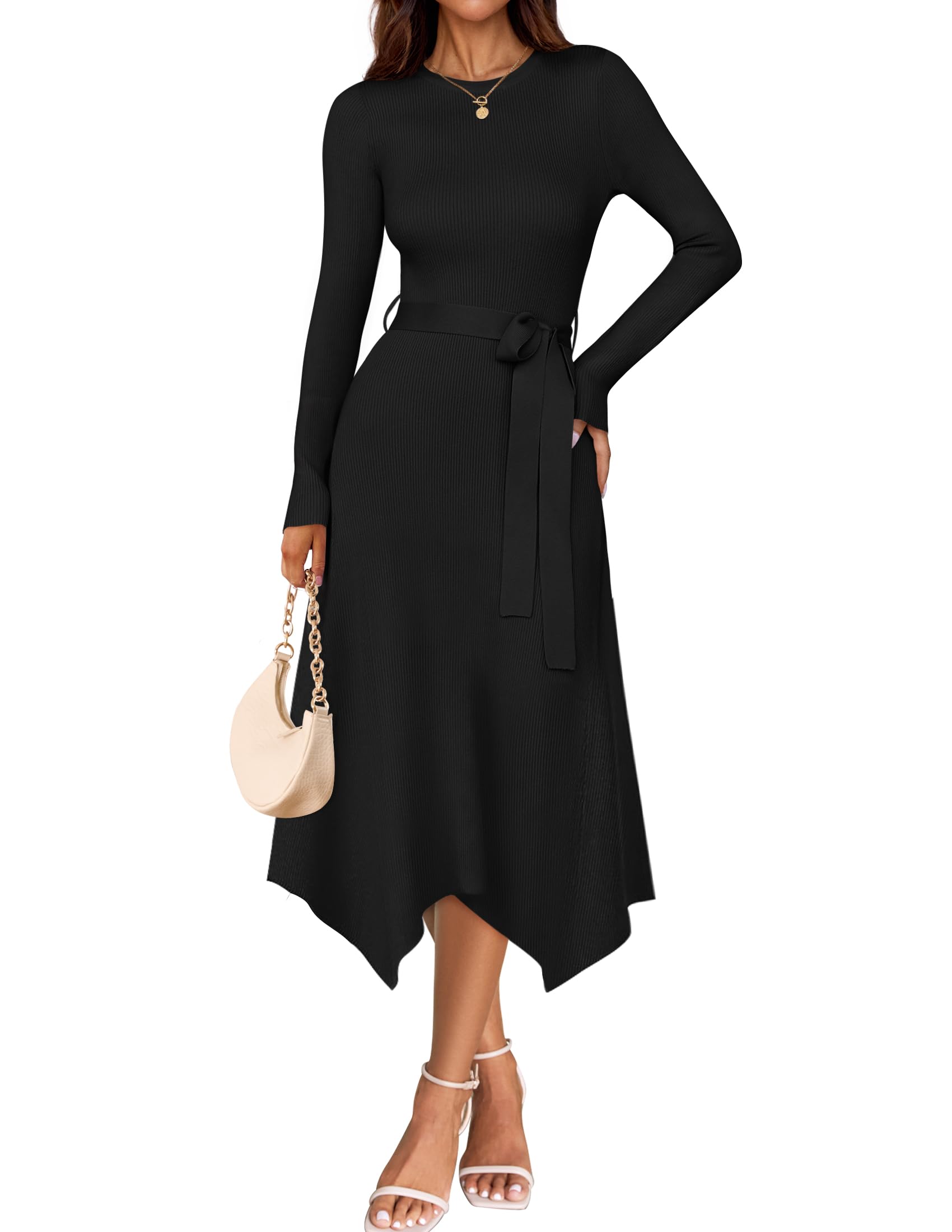 Luxuii Crewneck Ribbed Knit High Waist Midi Sweater Dresses
