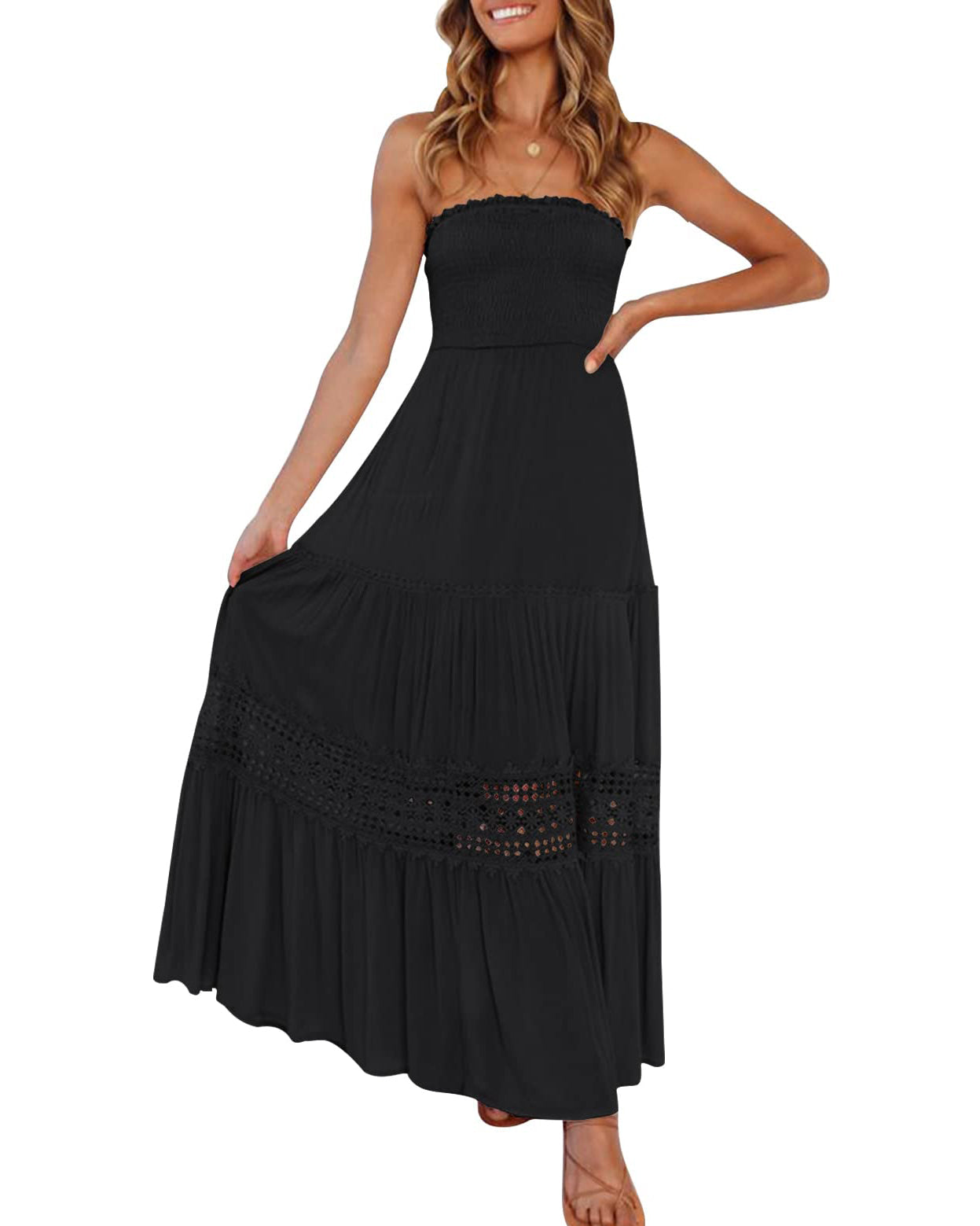 Luxuii Bohemian Strapless Lace Trim Backless Maxi Dress
