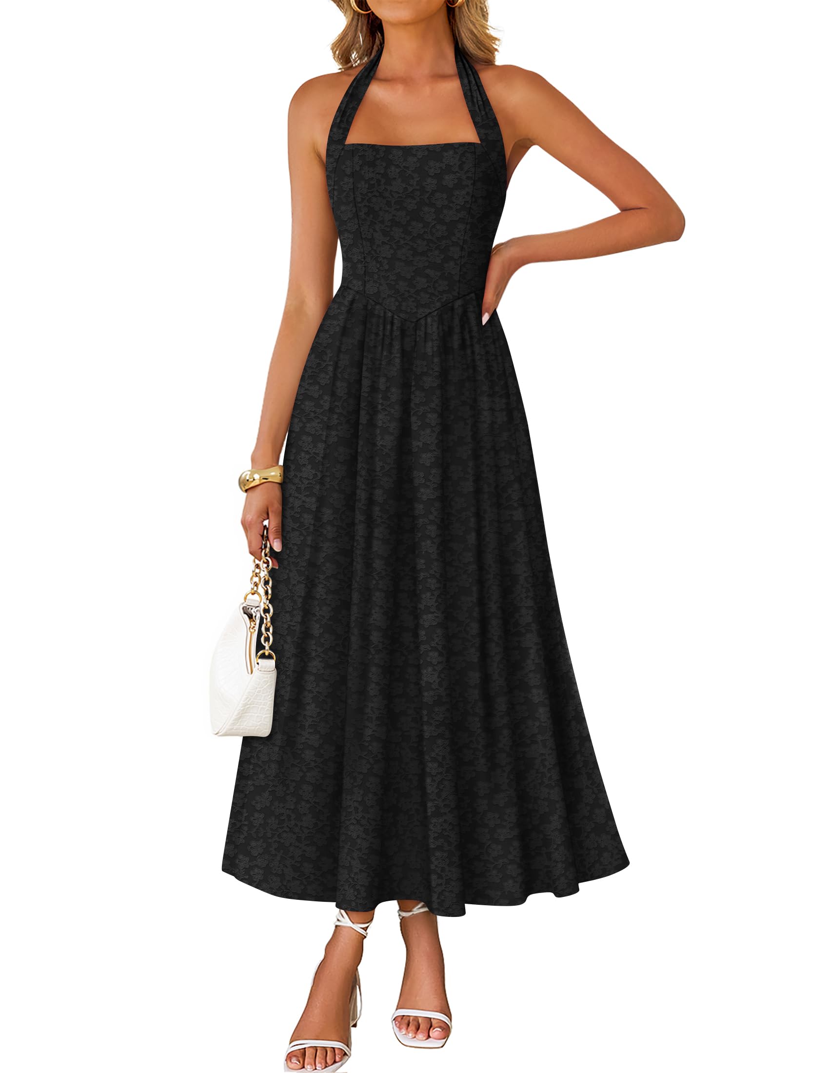 Luxuii Sleeveless Floral Halter Neck Wedding Flowy A Line Long Dress