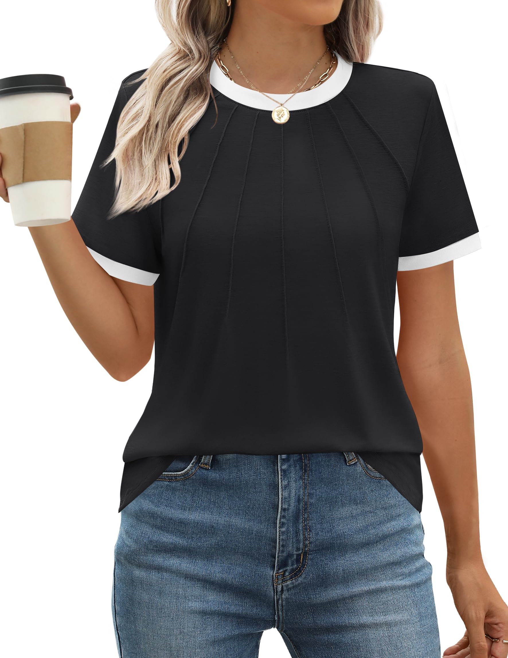 Luxuii WShort Sleeve Pleated Shirts Crewneck Color Block Tops