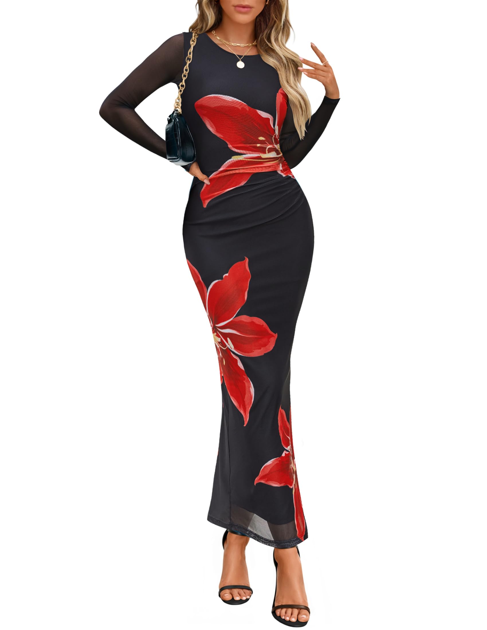 Luxuii Floral Fall Bodycon Crewneck Side Slit Ruched Fitted Party Dress