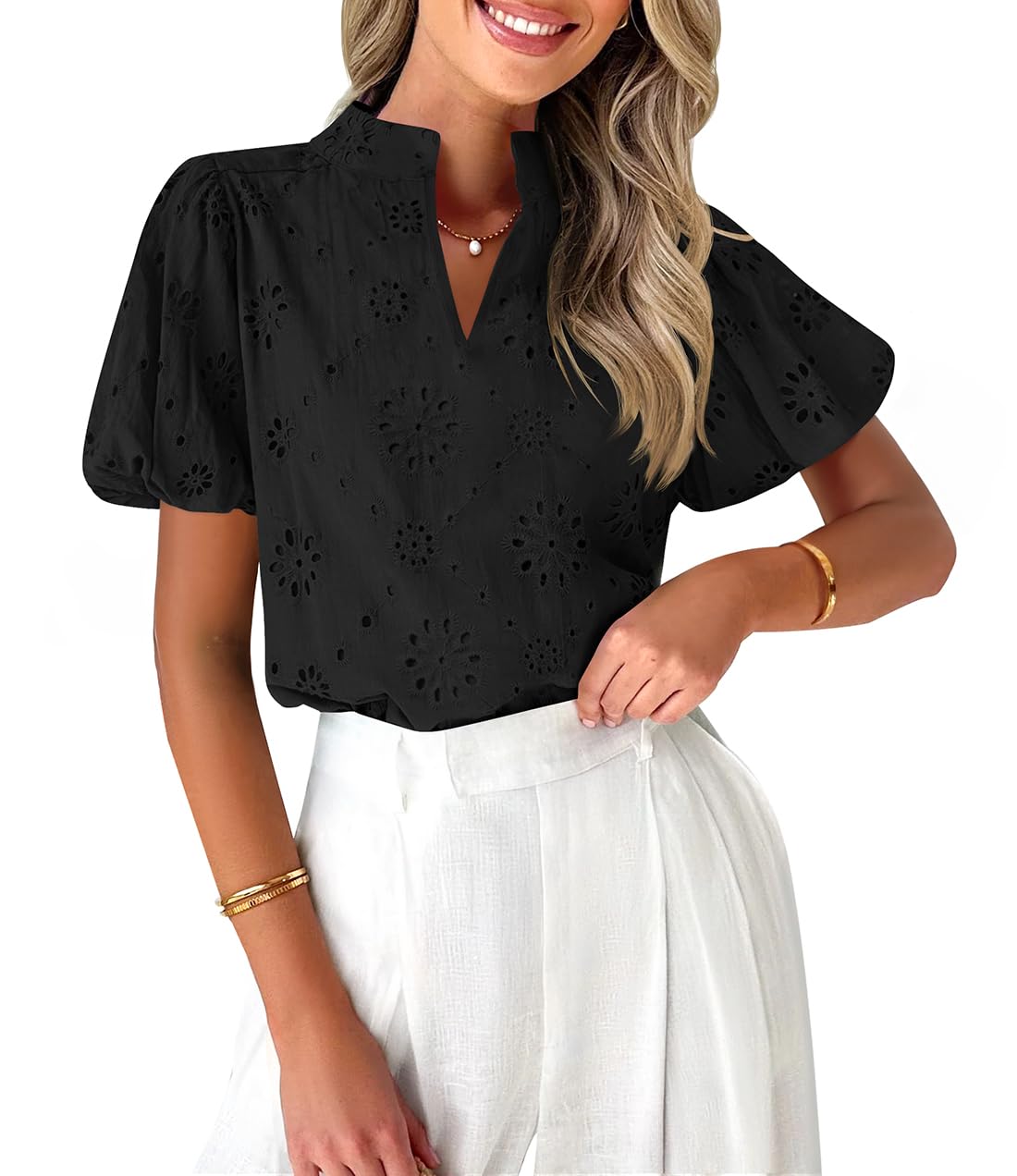 Luxuii V Neck Casual Hollow Out Lace Embroidered Blouse Tops