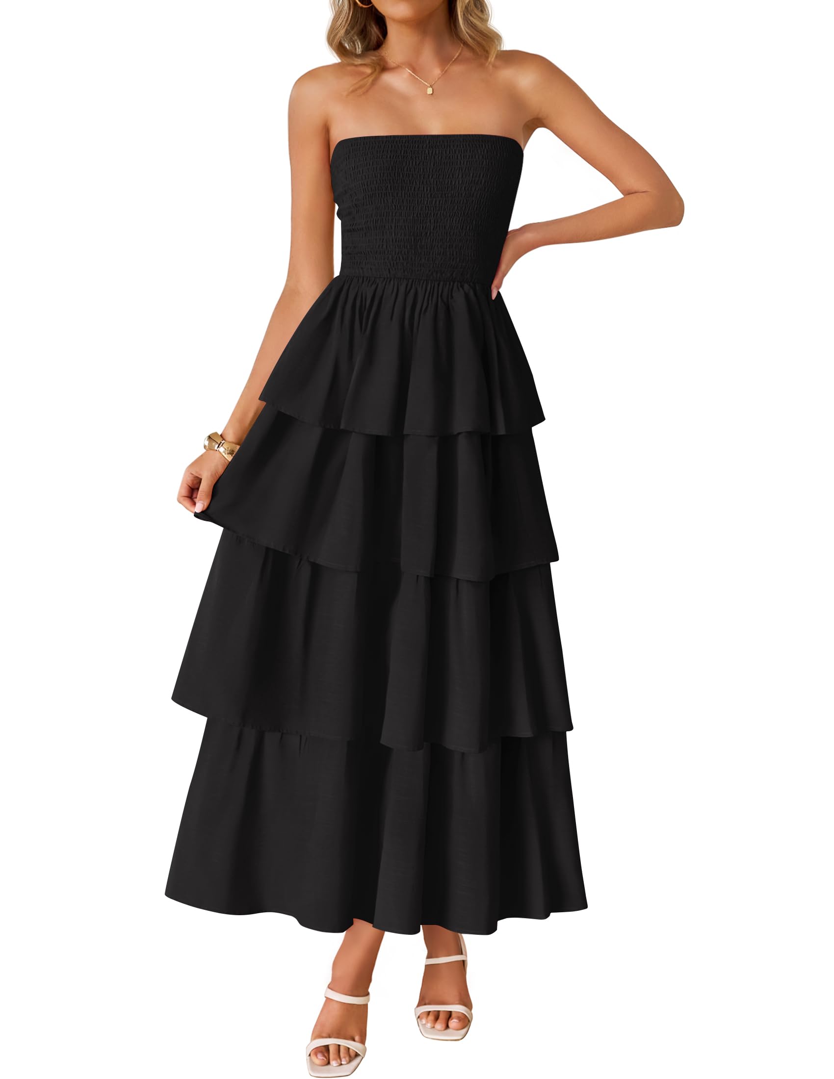 Luxuii Sleeveless Off Shoulder Smocked Tiered Beach Long Sundress
