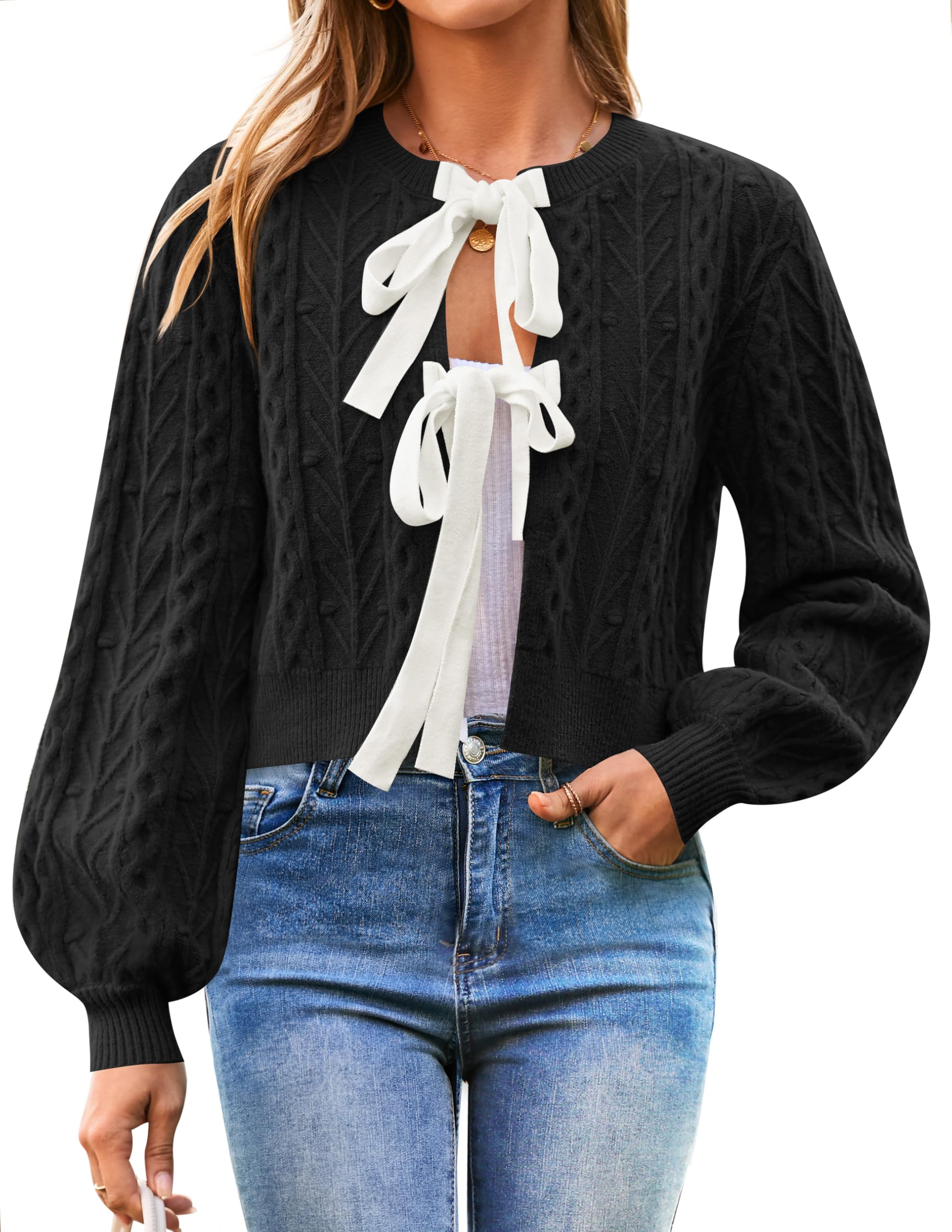 Luxuii Fall Long Sleeve Tie Front Cable Knit Chunky Cropped Outerwear Coat