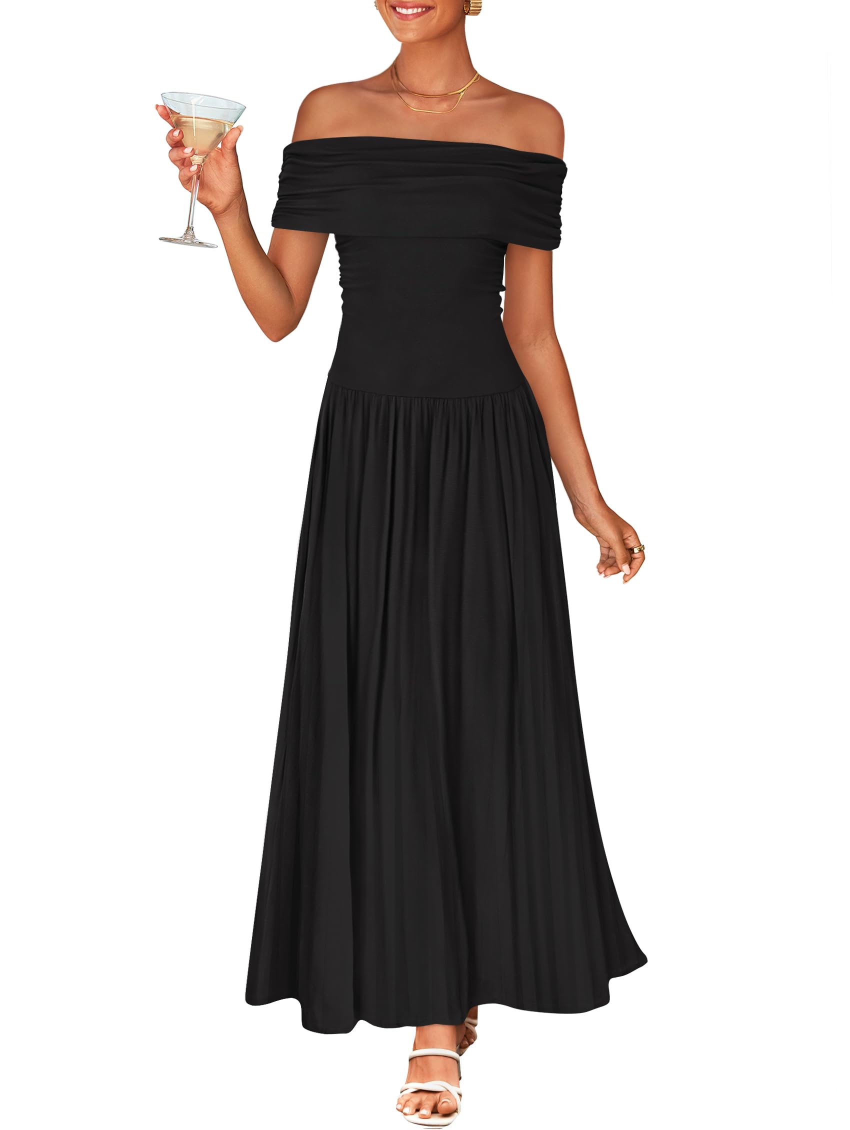 Luxuii Off The Shoulder Sleeveless Casual Slim Swing Pleated Dresses