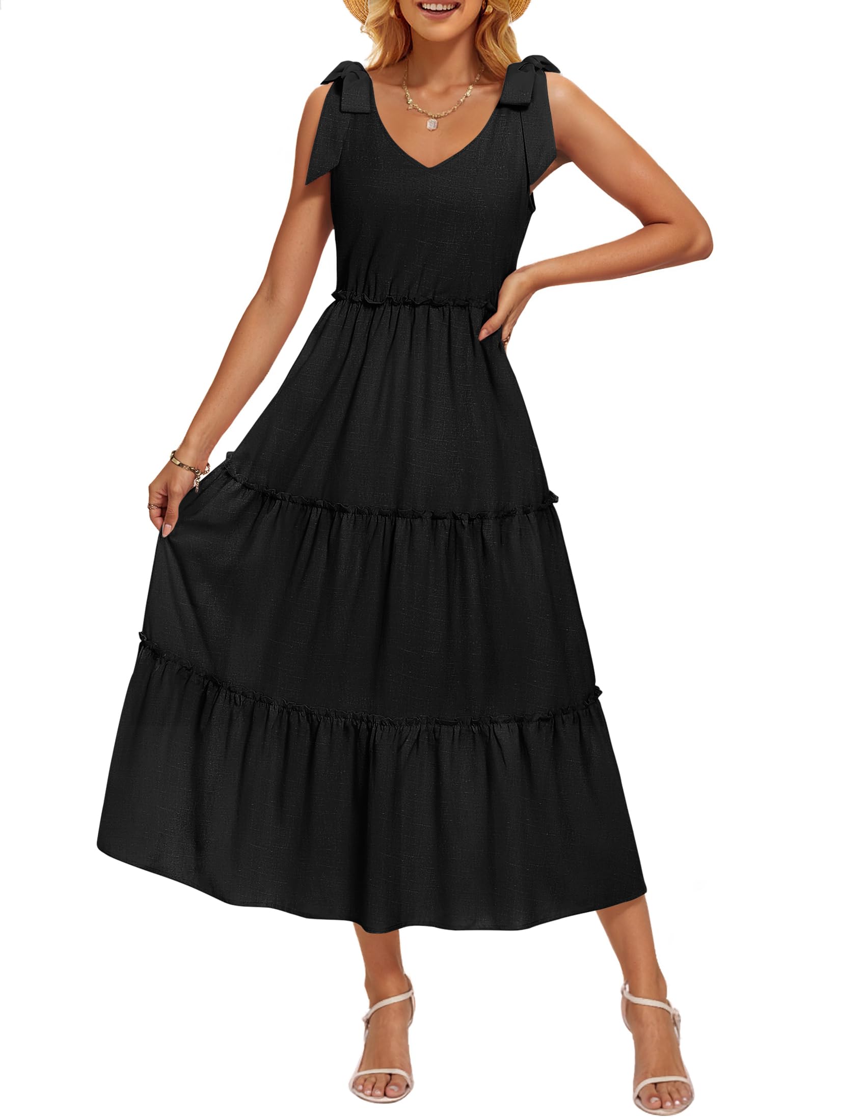 Luxuii Tie Shoulder Flowy Tiered A Line Beach Long Sundress