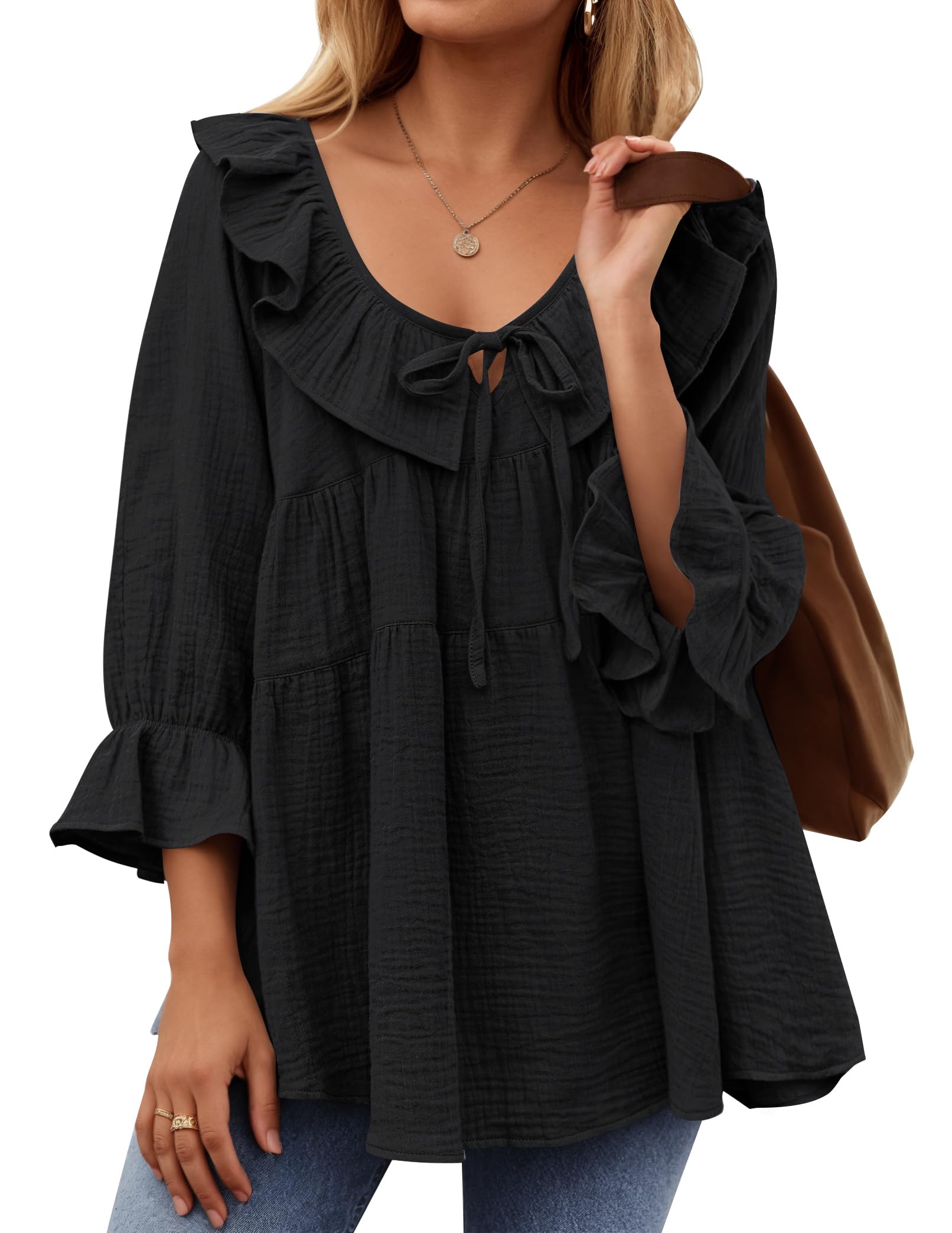 Luxuii Casual Tie Front Ruffle Tiered Loose Tunic Shirts