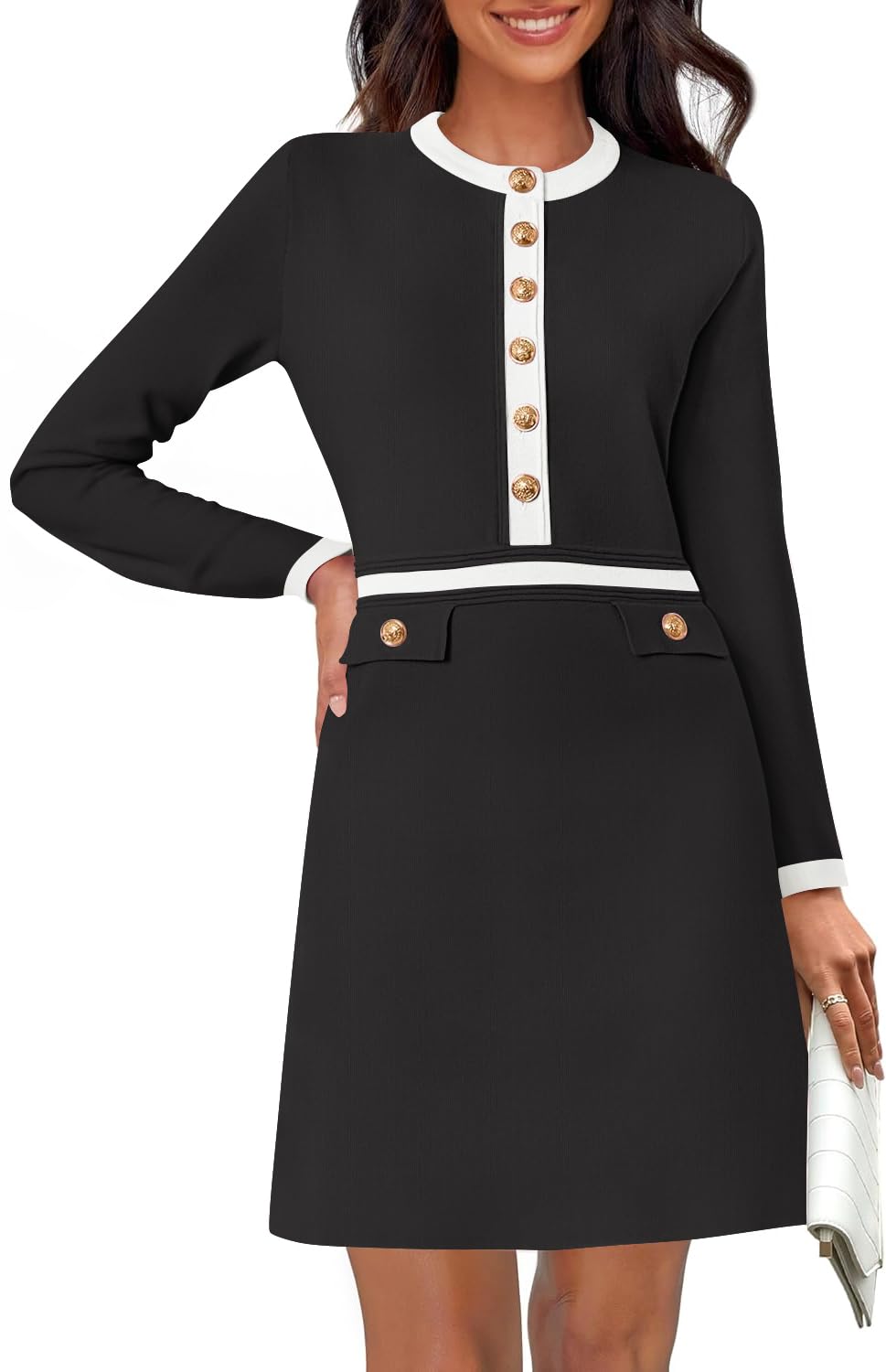 Luxuii Crewneck Button Knit Color Block Party Mini Dresses