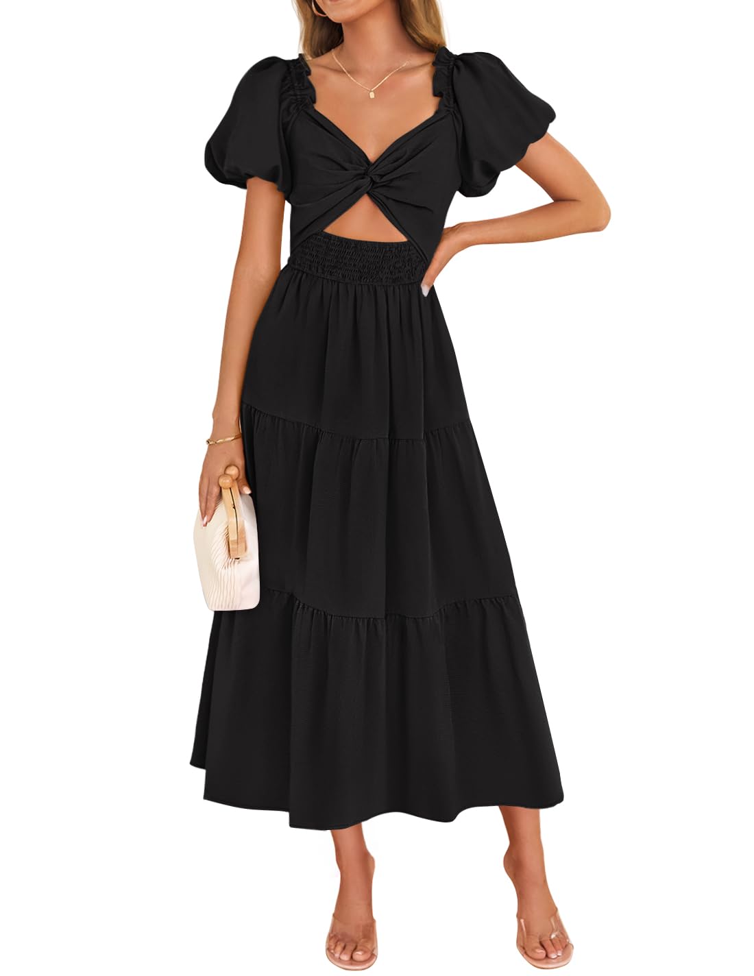 Luxuii Smocked Short Puff Sleeve Twist Knot Cutout Flowy Dresses