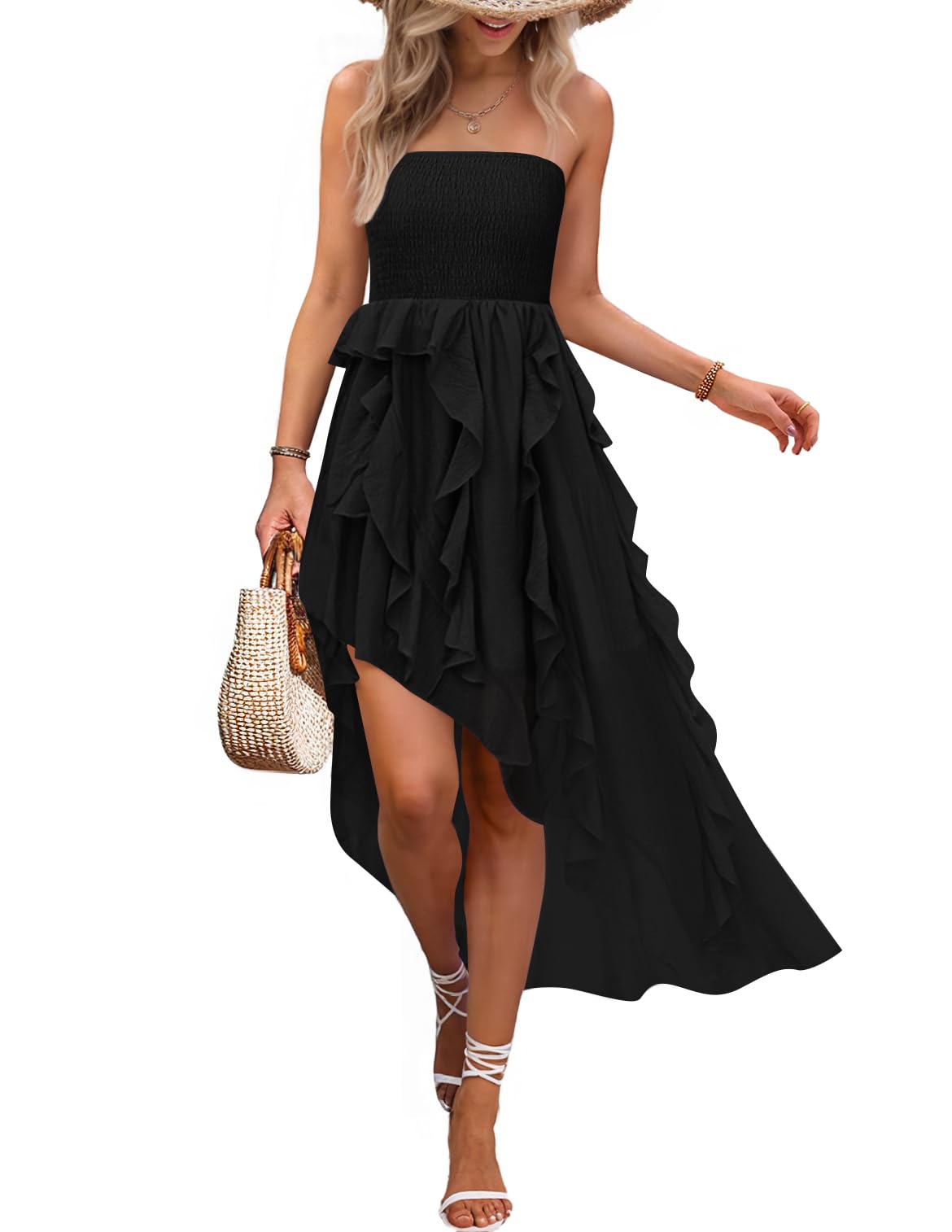 Luxuii Strapless Off Shoulder Smocked Tiered Ruffle Tube Sundress