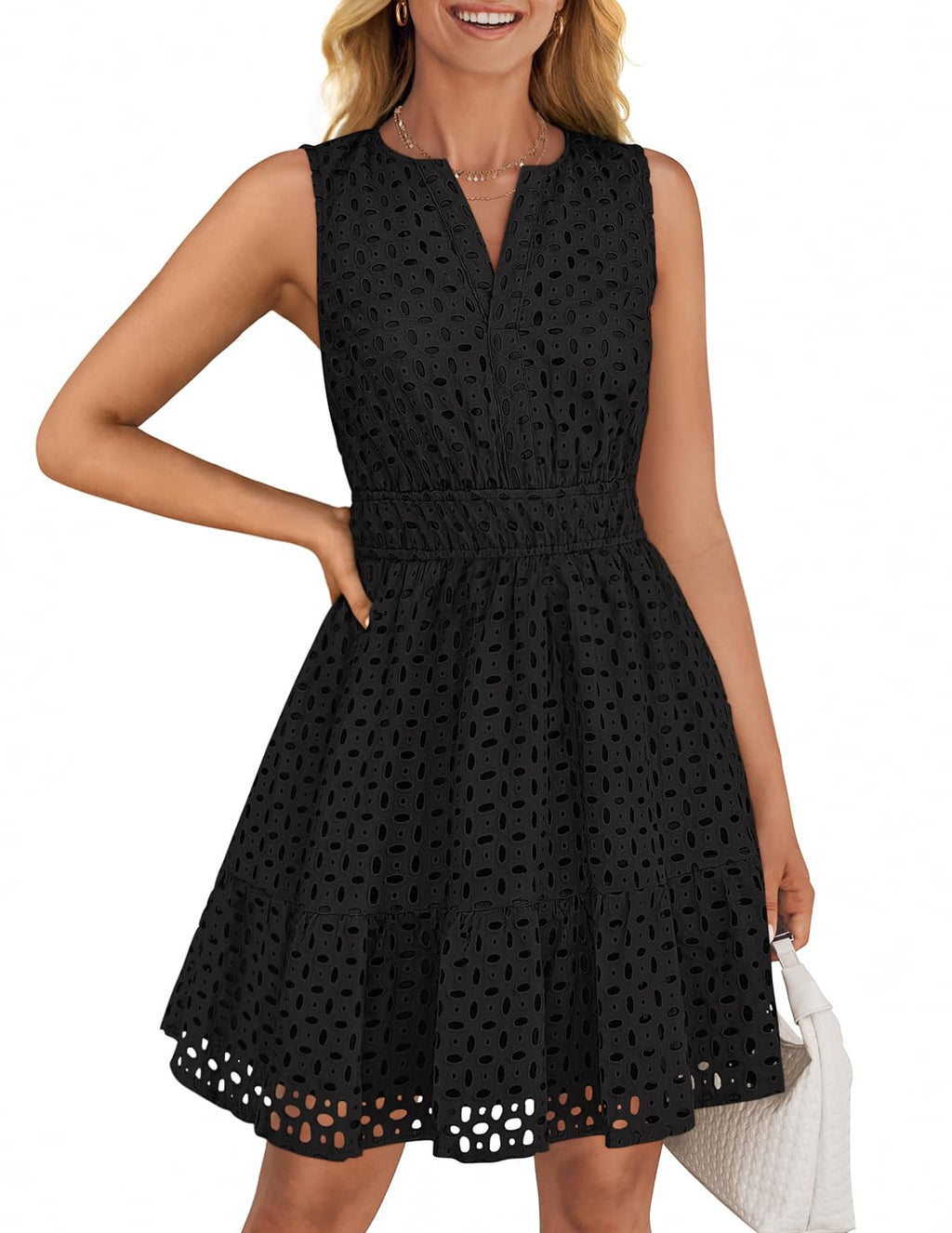Luxuii Sleeveless V Neck Hollow Out Eyelet High Waist Dresses