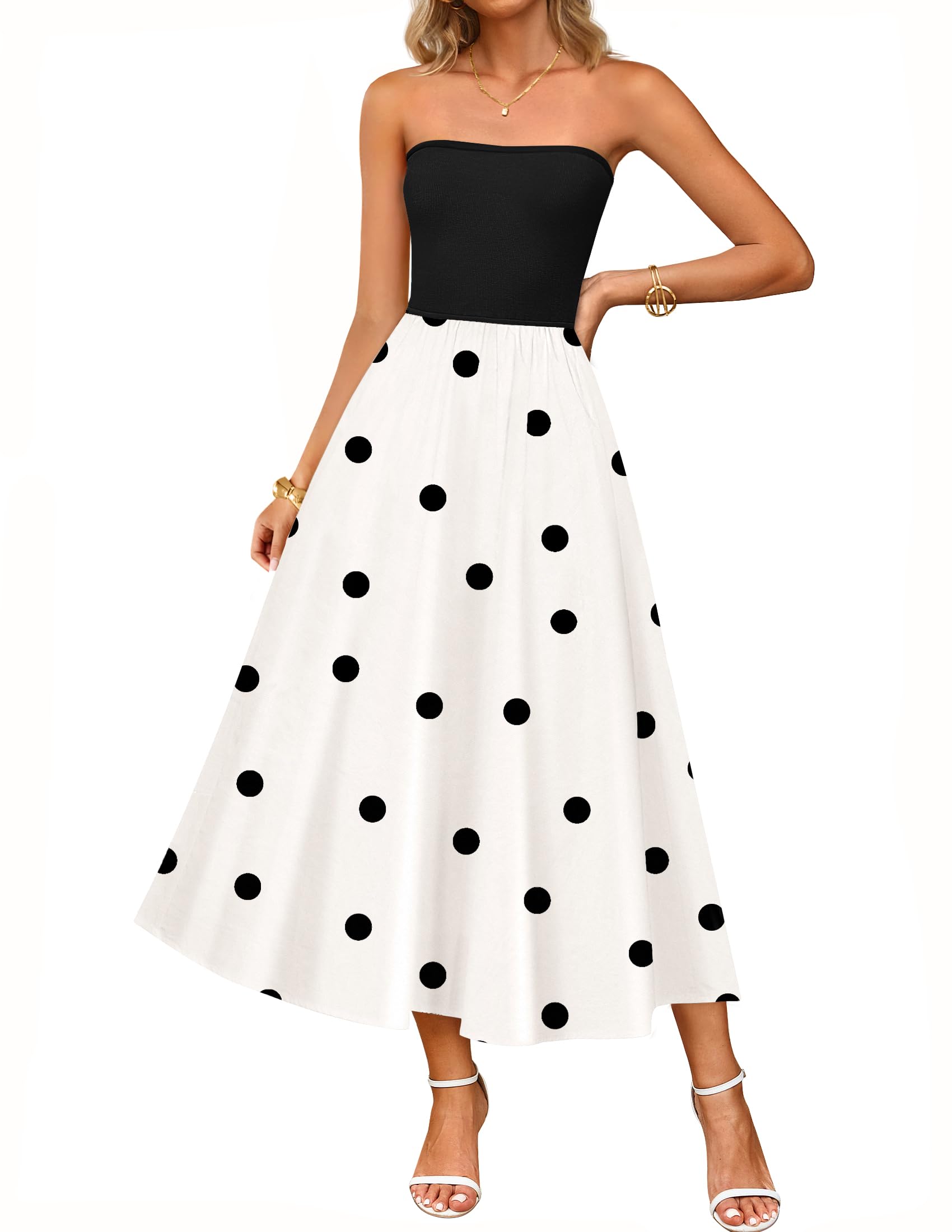 Luxuii Boho Strapless Off Shoulder Polka Dot Printed Flowy Long Dresses