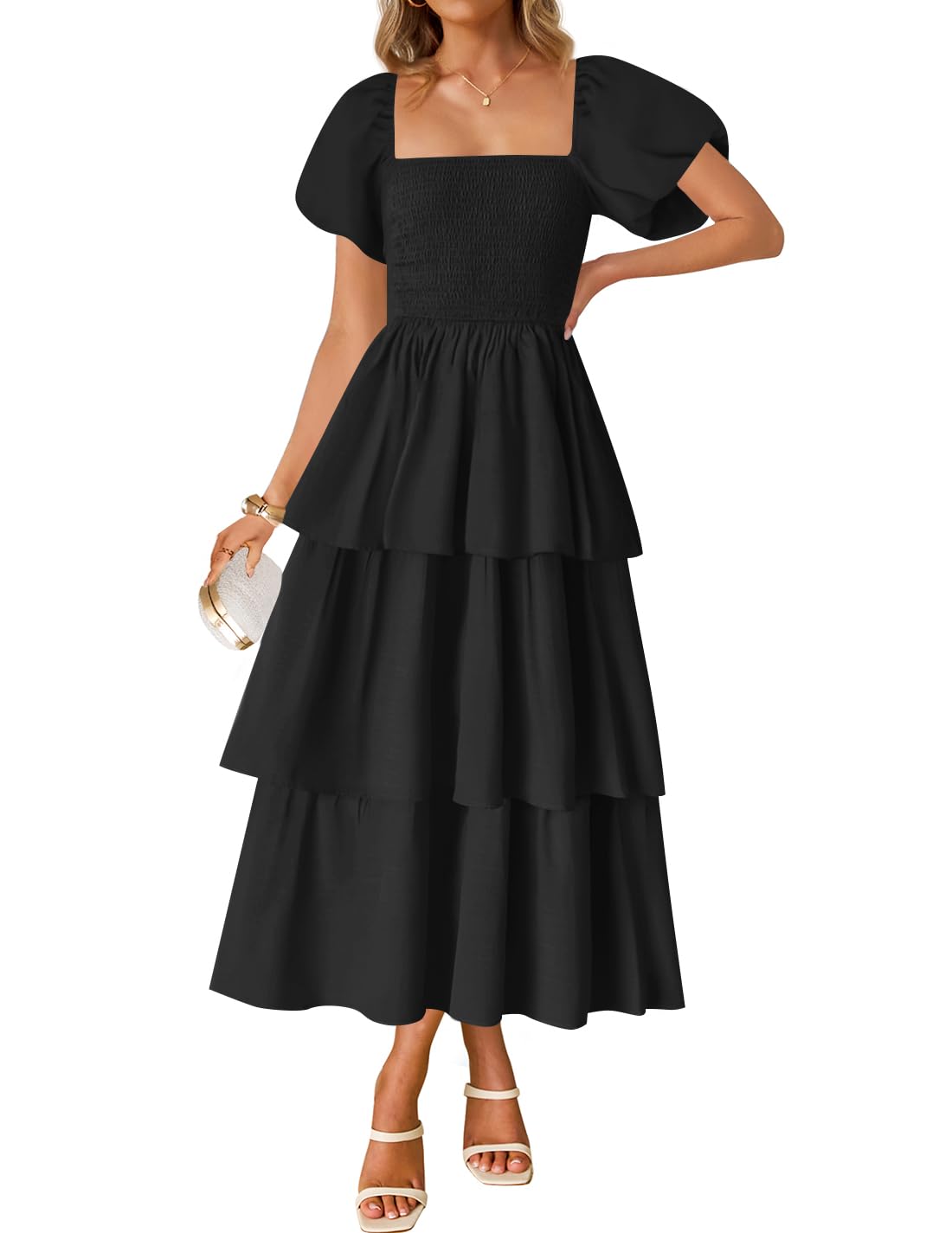Luxuii Boho Short Puff Sleeve Flowy A Line Tiered Dresses