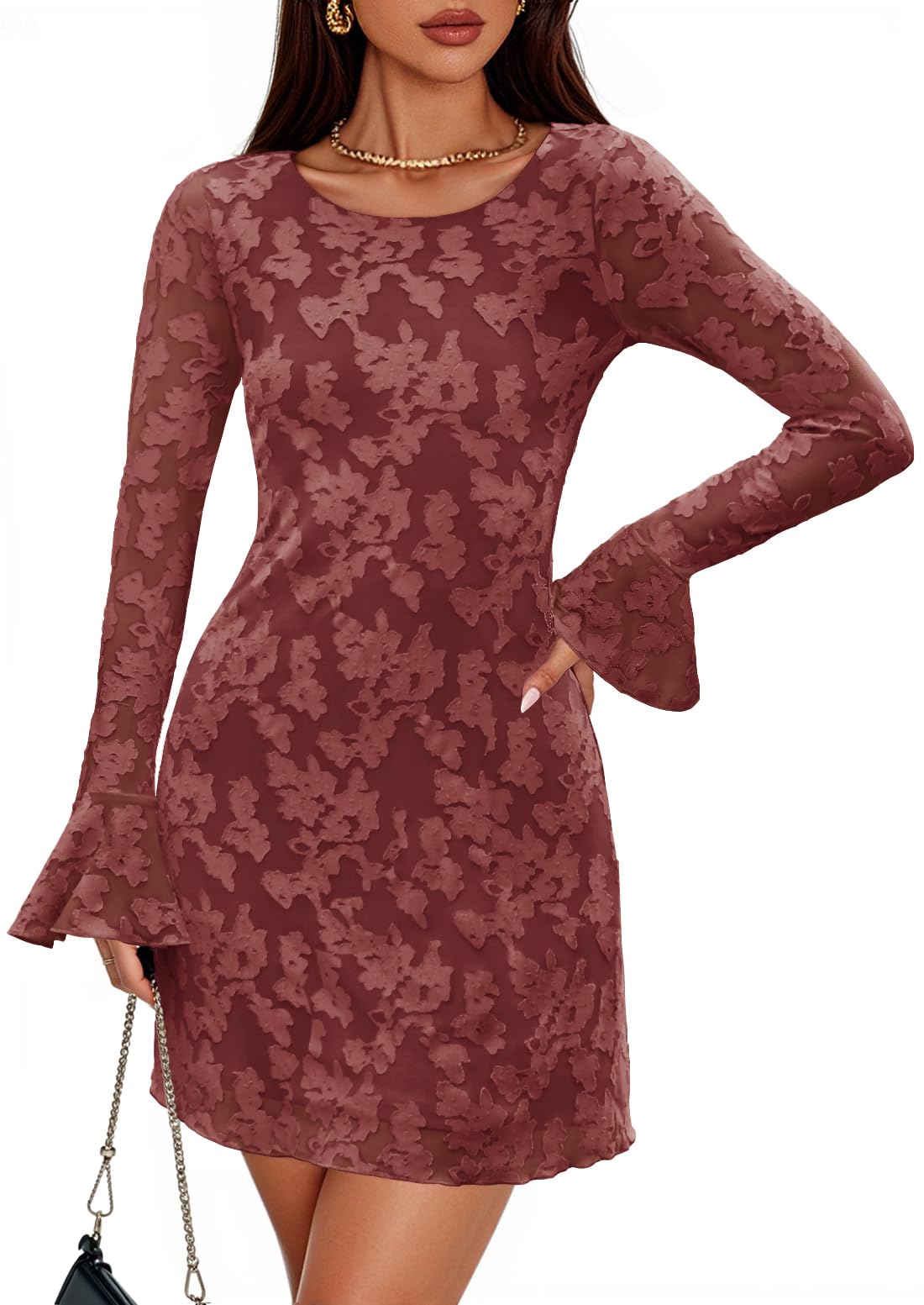 Luxuii Floral Mesh Crewneck Bodycon Cocktail Party Club Short Dress