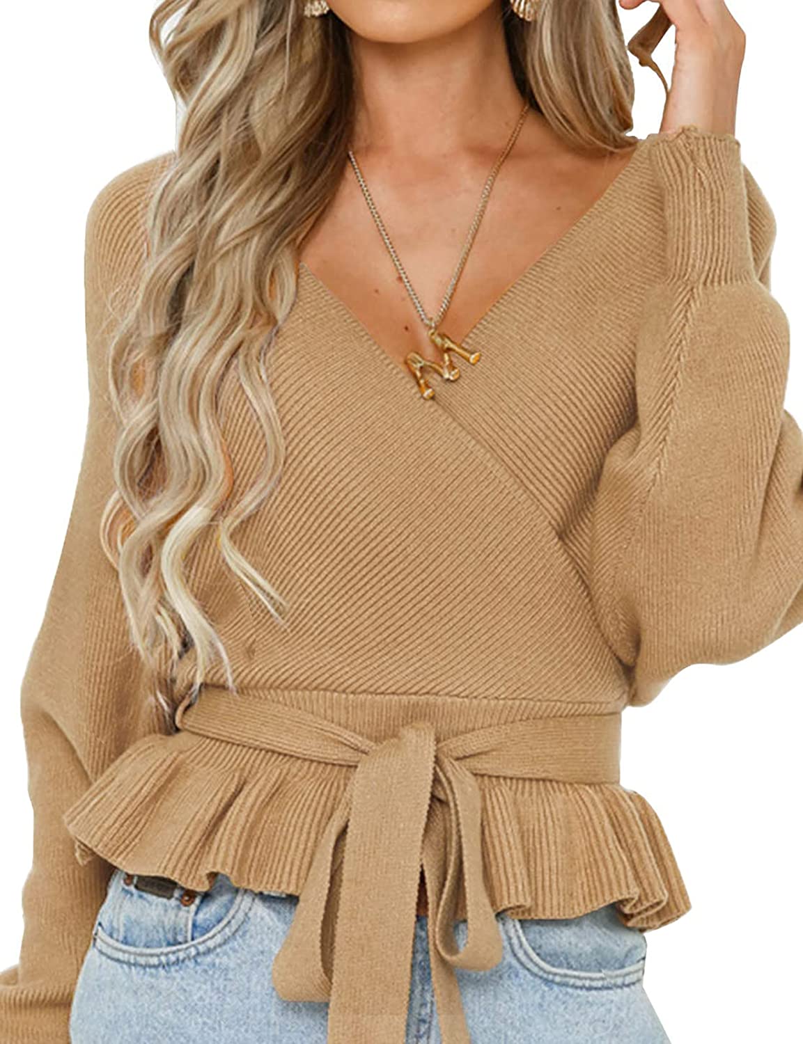 Luxuii Wrap Ruffle Belted Waist Knitted Sweater Pullover