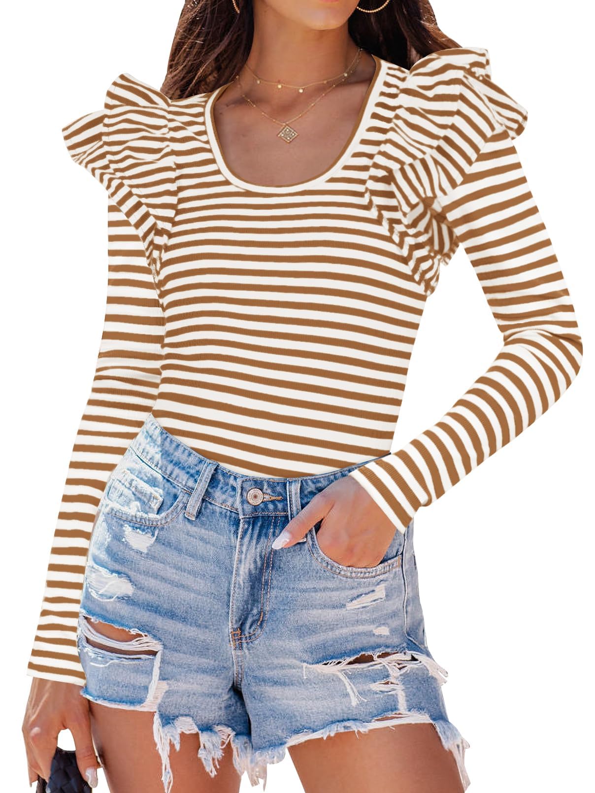 Luxuii Neck Shirt Striped Slim Fitted Casual Basic Tee Tops