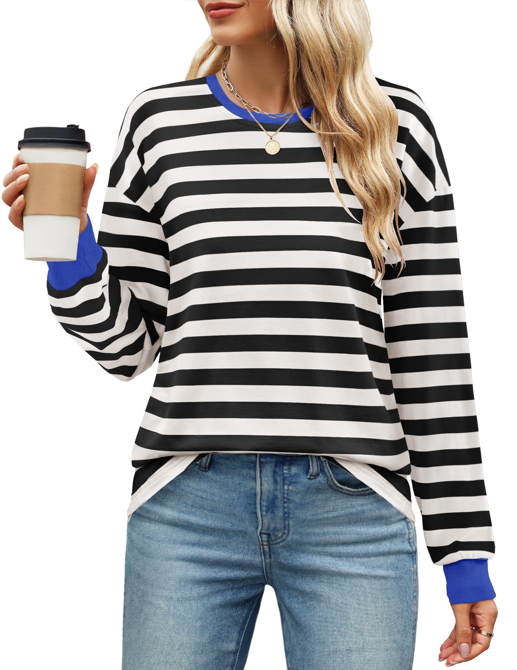Luxuii Striped Shirts Fall Crewneck Casual Loose Fit Tunic Tops