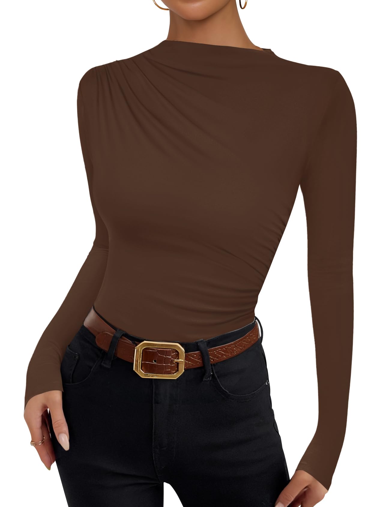 Luxuii Women's Long Sleeve Tops Mock Neck Ruched Tight Shirts