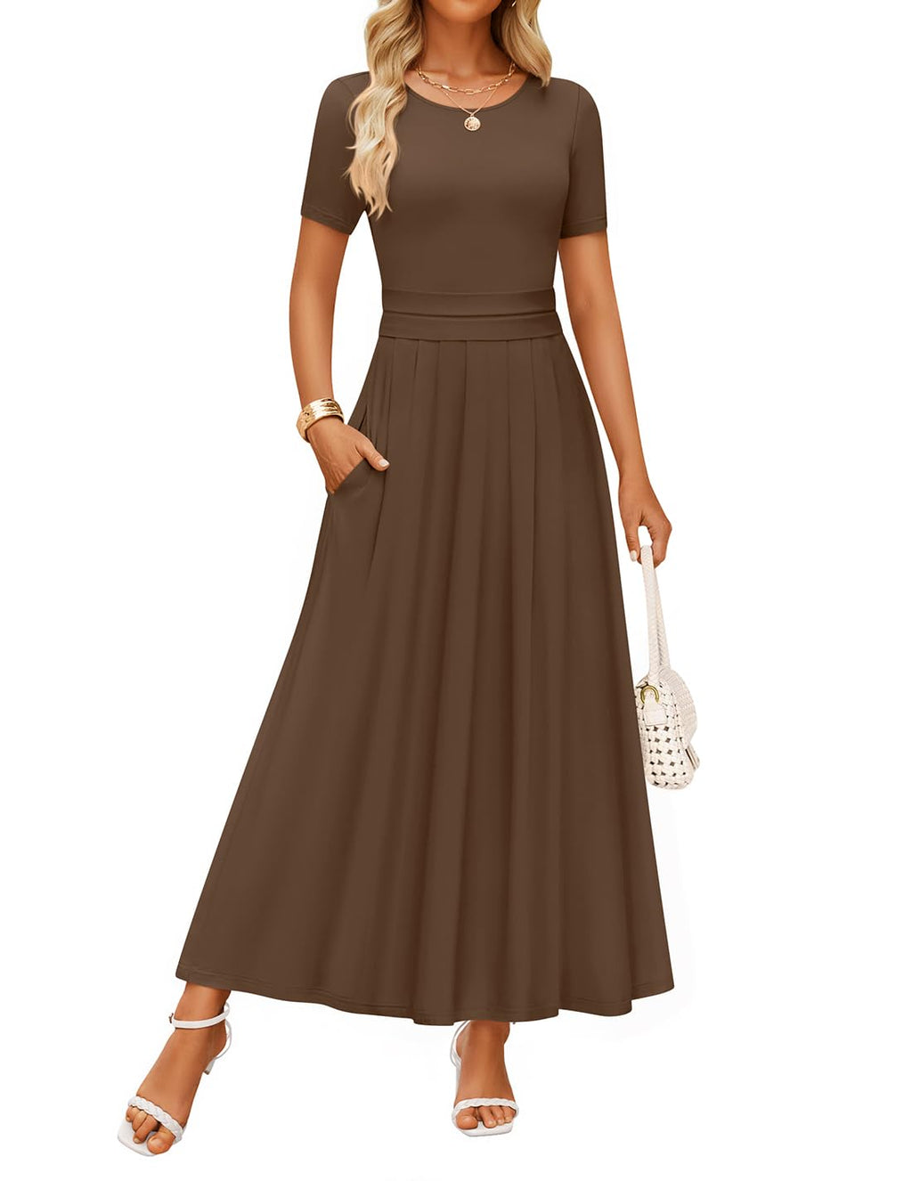 Luxuii Short Sleeve Crewneck Pleated A Line Flowy Long Dresses