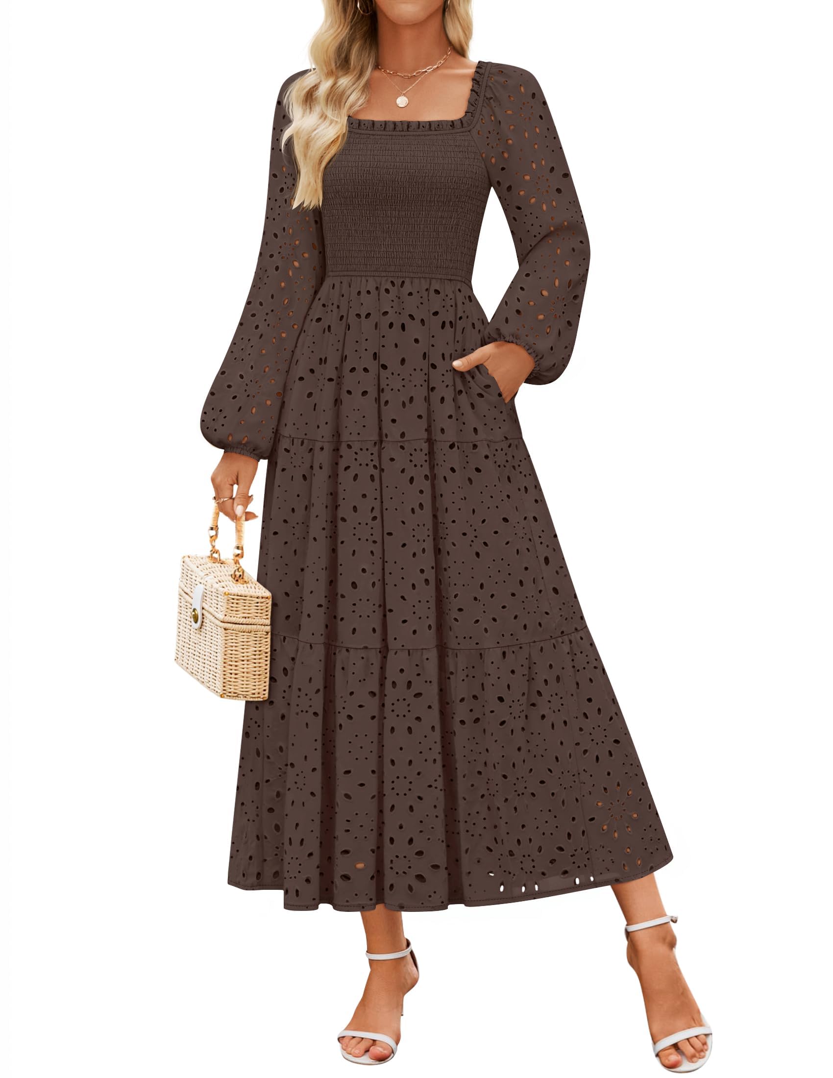 Luxuii Square Neck Hollow Out Eyelet Smocked A Line Boho Dress