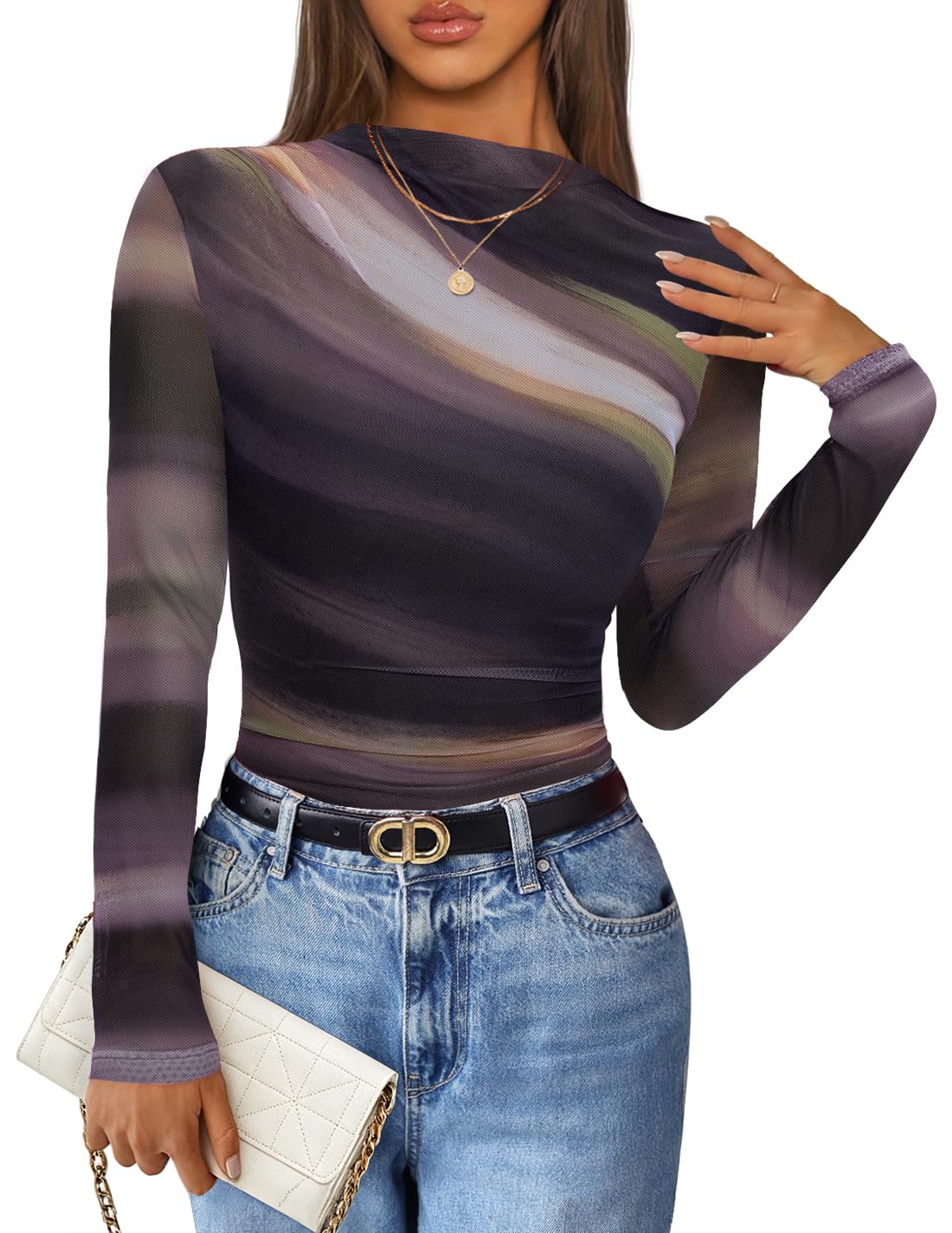 Luxuii Floral Fall Mesh Mock Neck Ruched Fitted Shirts