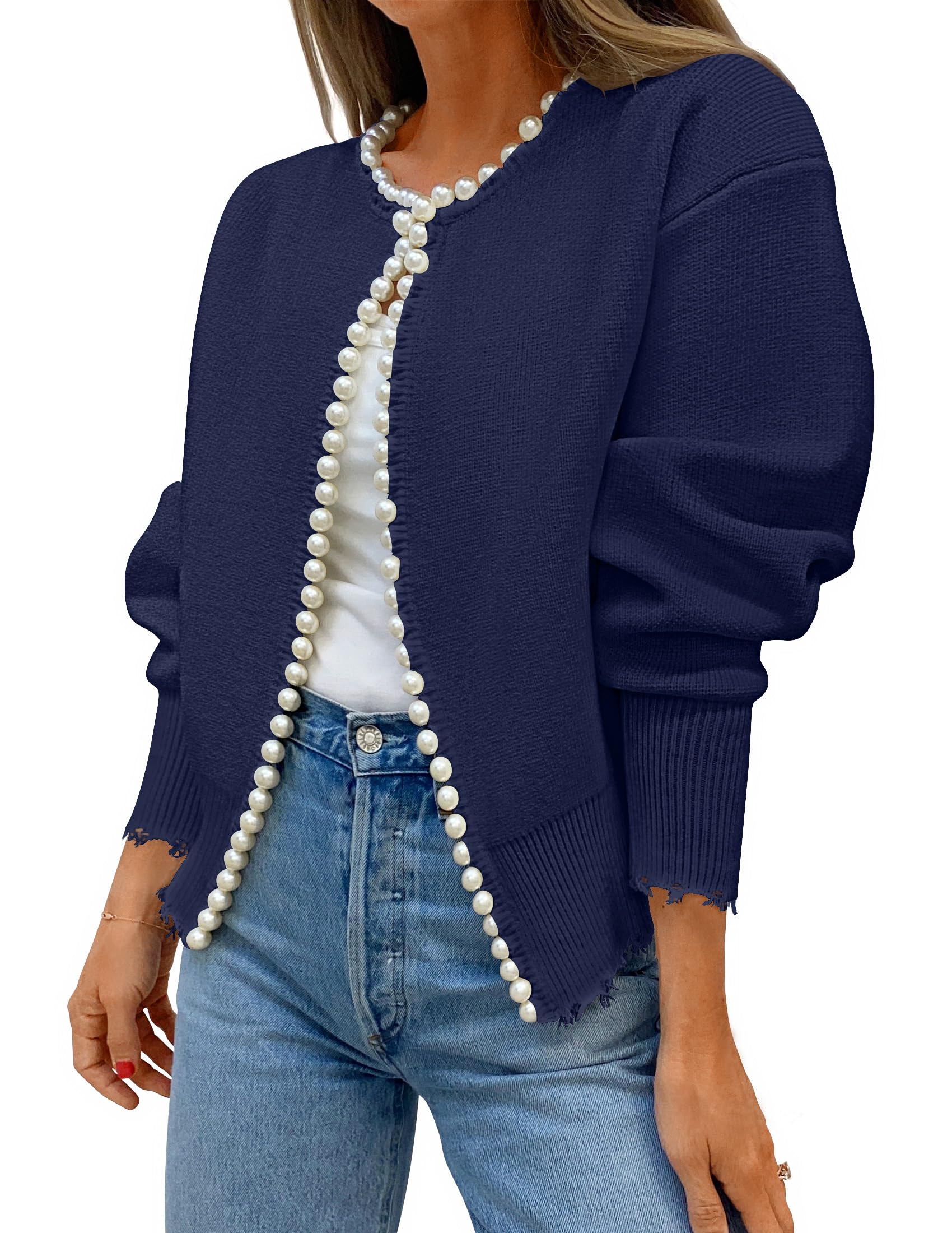 Luxuii Open Front Casual Knitted Long Sleeve Pearls Trim Coat