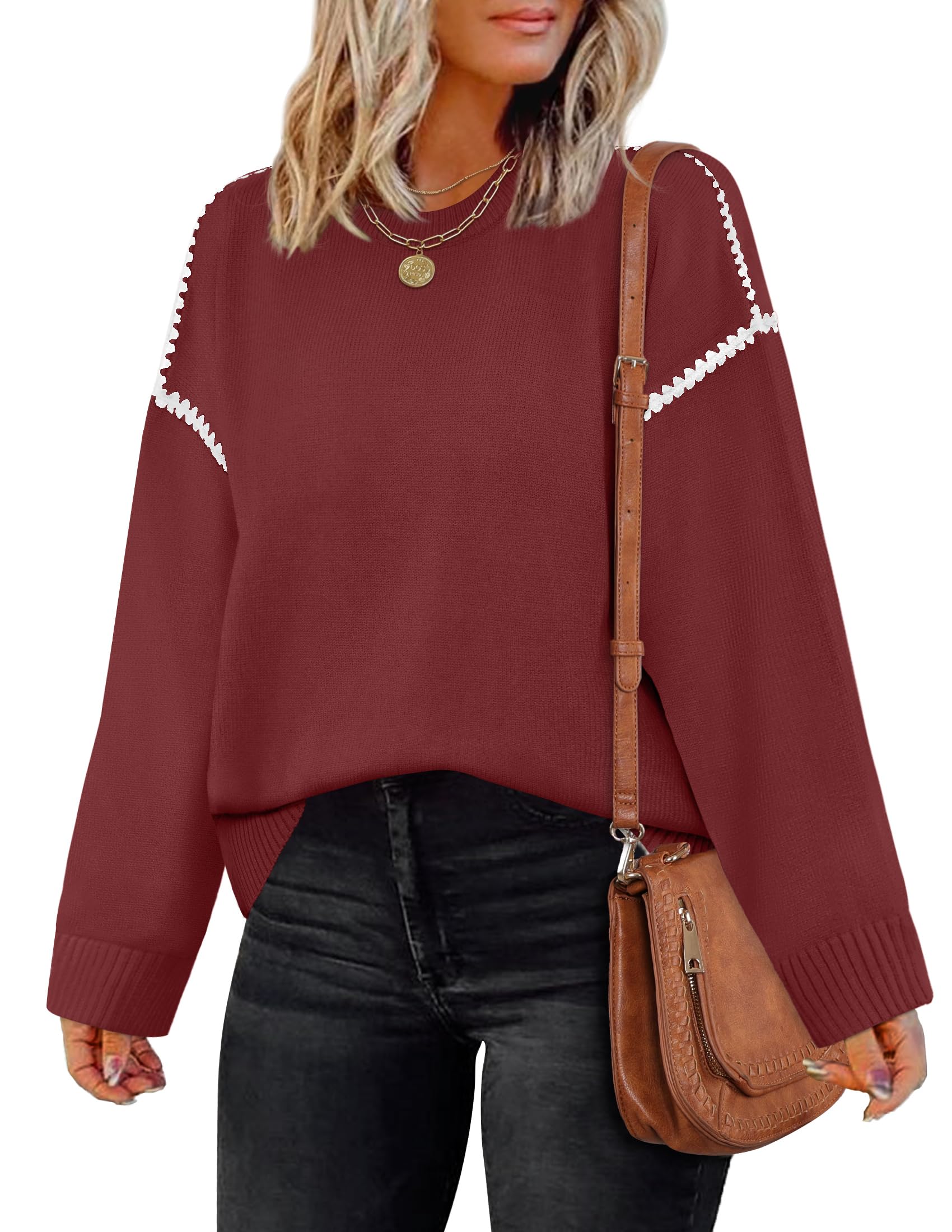 Luxuii Sweaters Crew Neck Loose Fit Ribbed Knit Color Block Soft Pullover Top