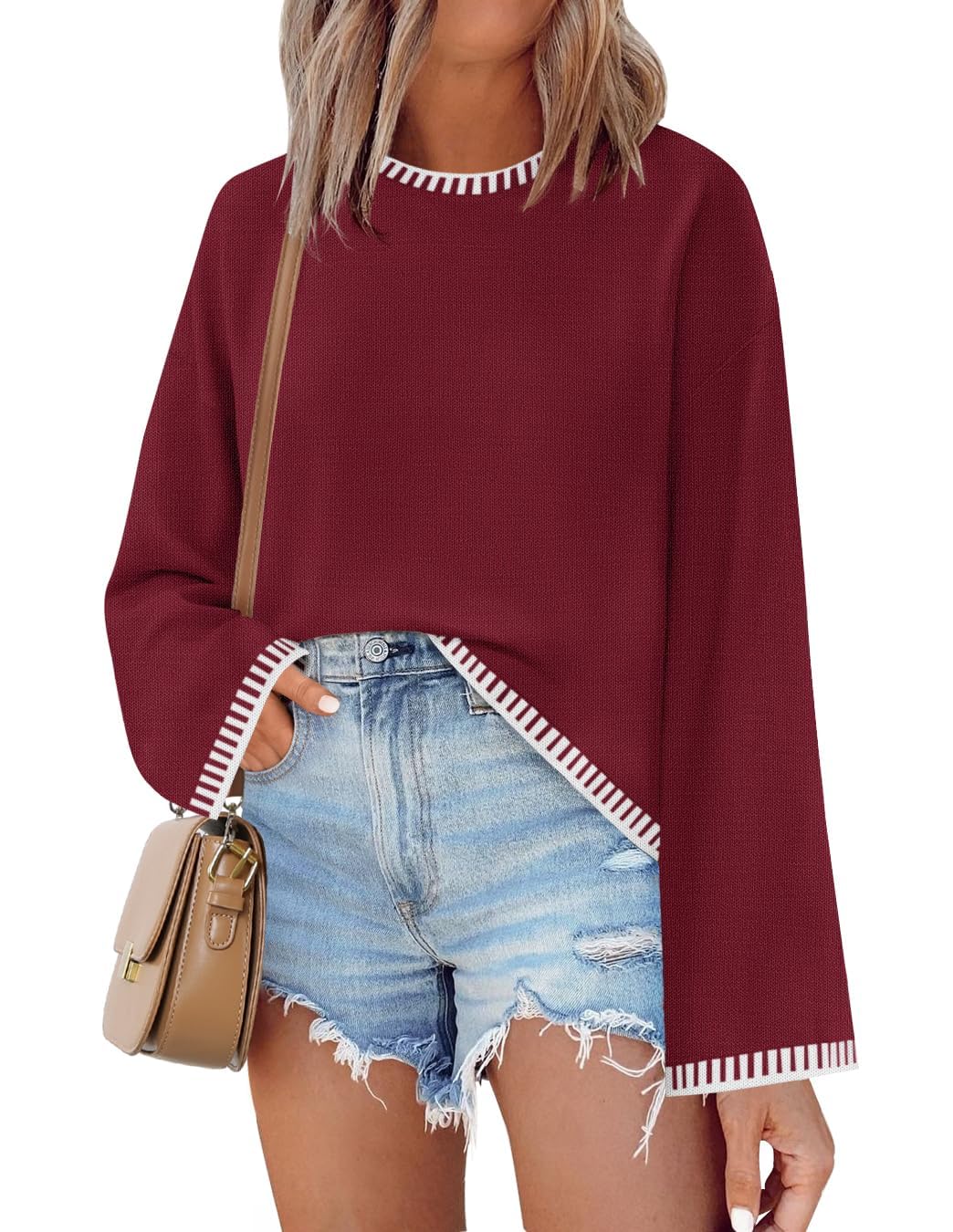 Luxuii Long Sleeve Crewneck Loose Ribbed Knit Pullover Tops