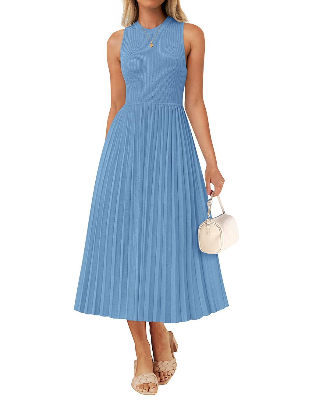 Luxuii Casual Crewneck Ribbed Knit Pleated A Line Swing Dress