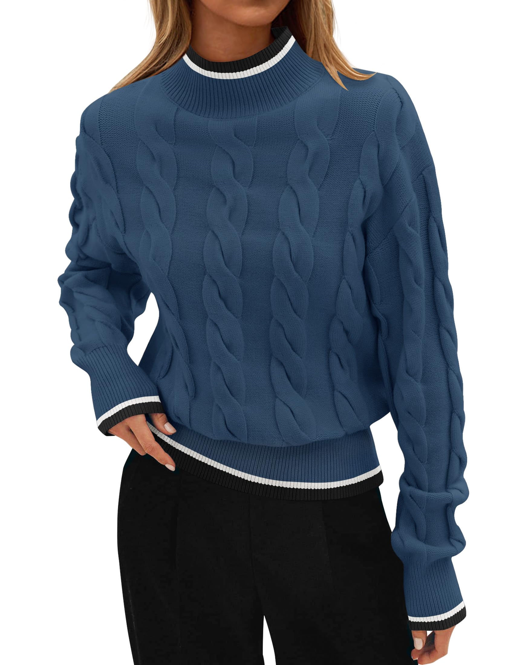 Luxuii Cable Knit Contrast Color Chunky Pullover Sweater