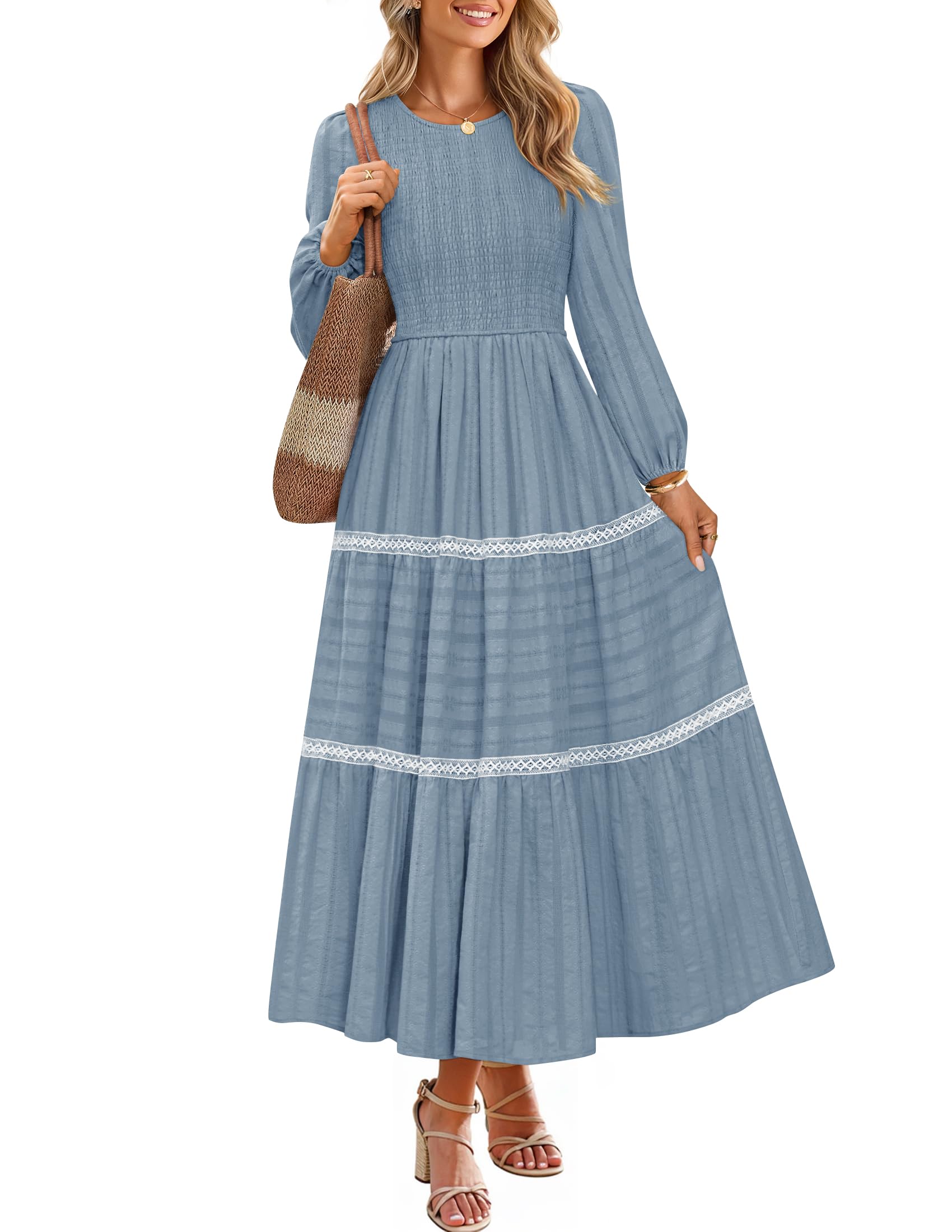 Luxuii Crewneck Smocked A Line Tiered Flowy Wedding Long Dress