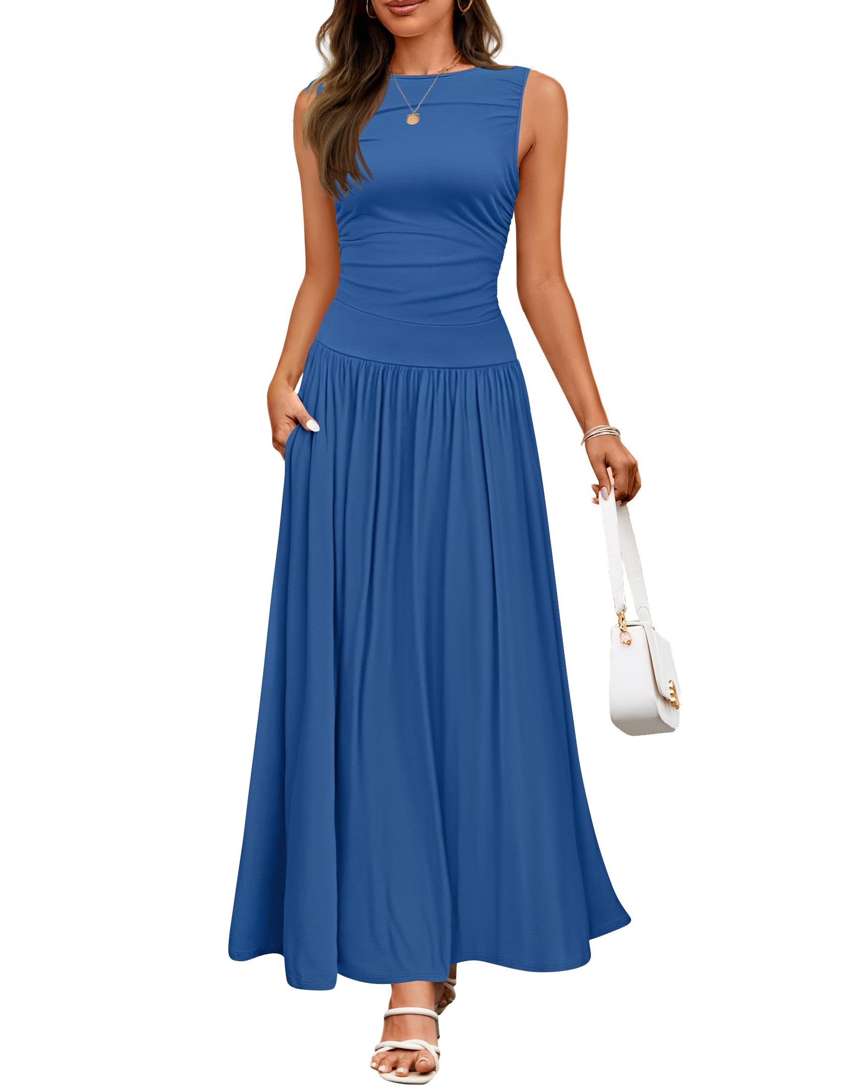 Luxuii Casual Crewneck Pleated Flowy Long Dress with Pockets