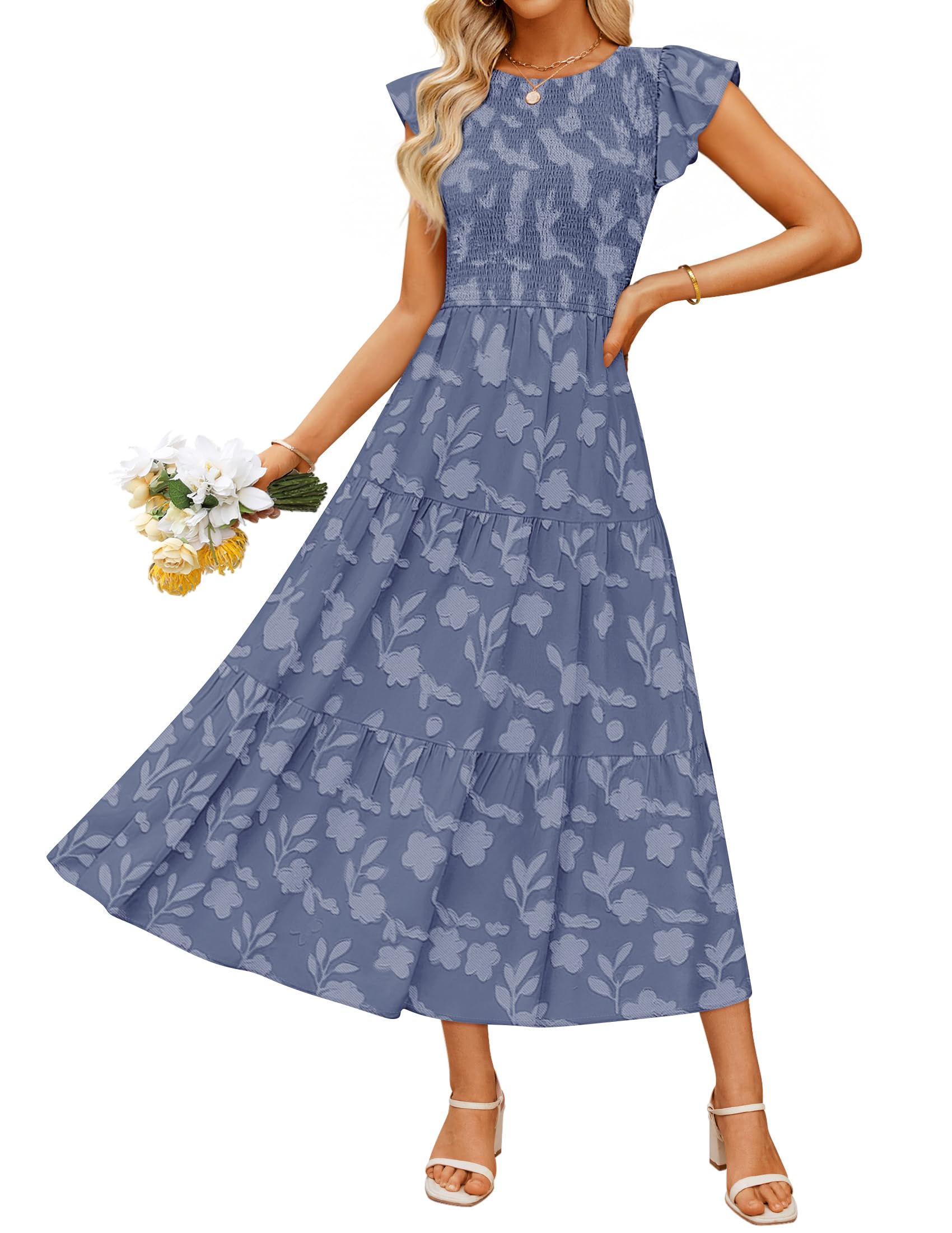 Luxuii Boho Floral Casual Flutter Crewneck Smocked Flowy Beach Long Dresses