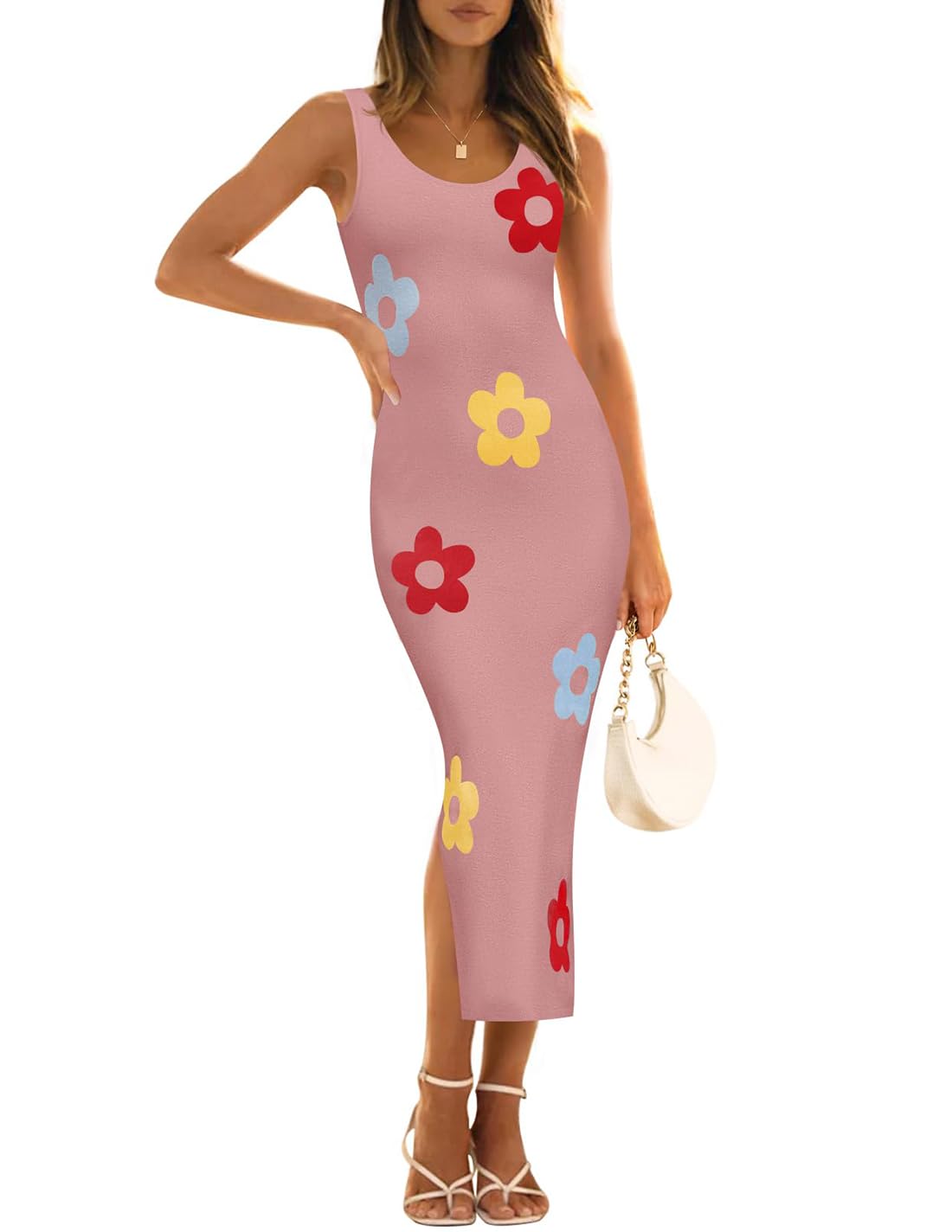 Luxuii Knit Bodycon Sleeveless Floral Crewneck Color Block Dresses