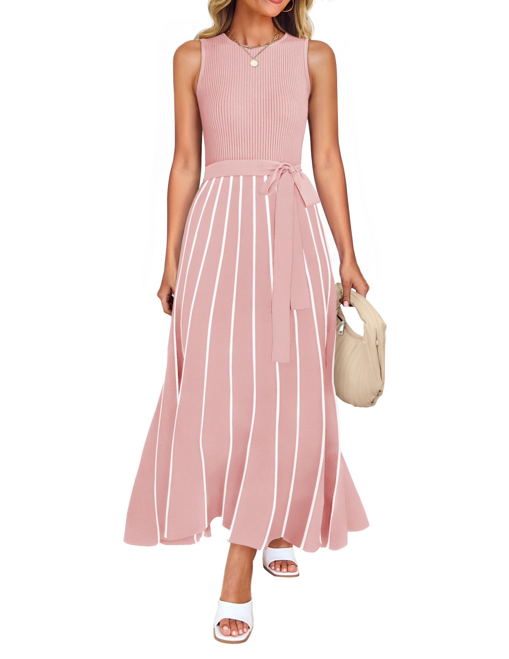 Luxuii Crewneck Ribbed Knit Tie Waist A Line Swing Dresses