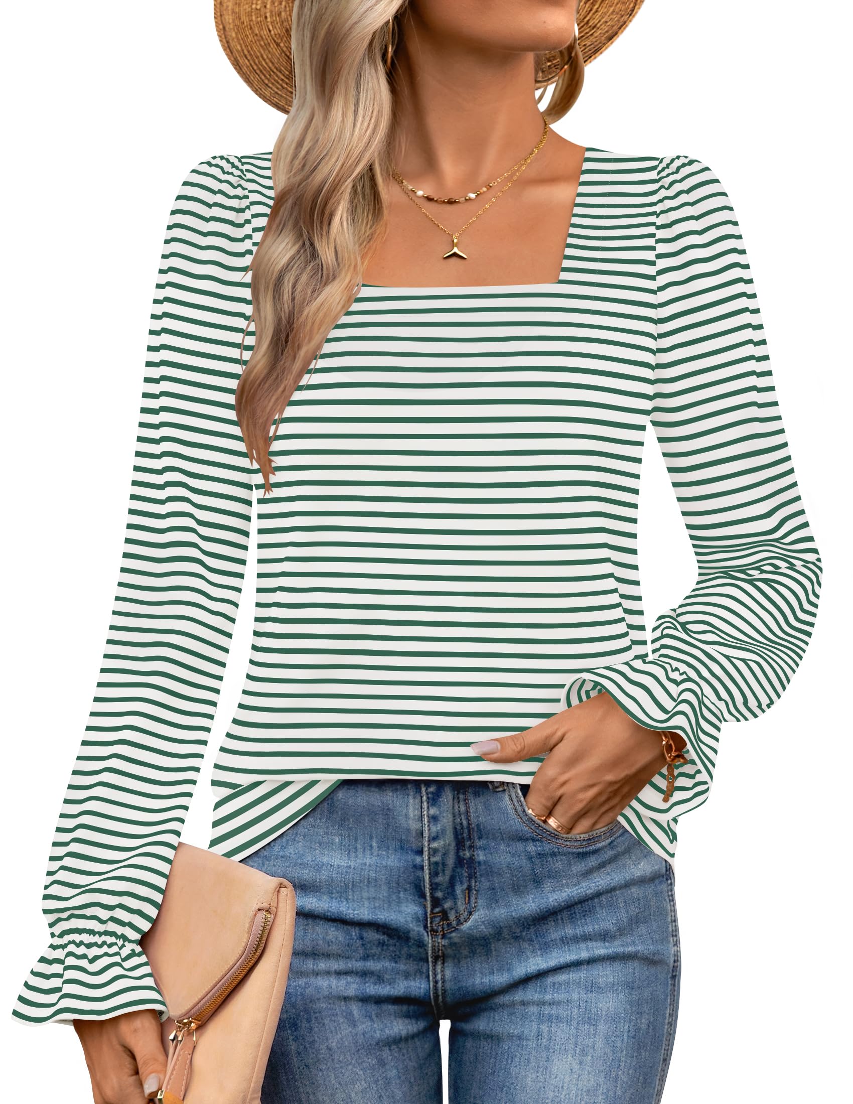 Luxuii Square Neck Shirts Fall Causal Trendy Tunic Tops